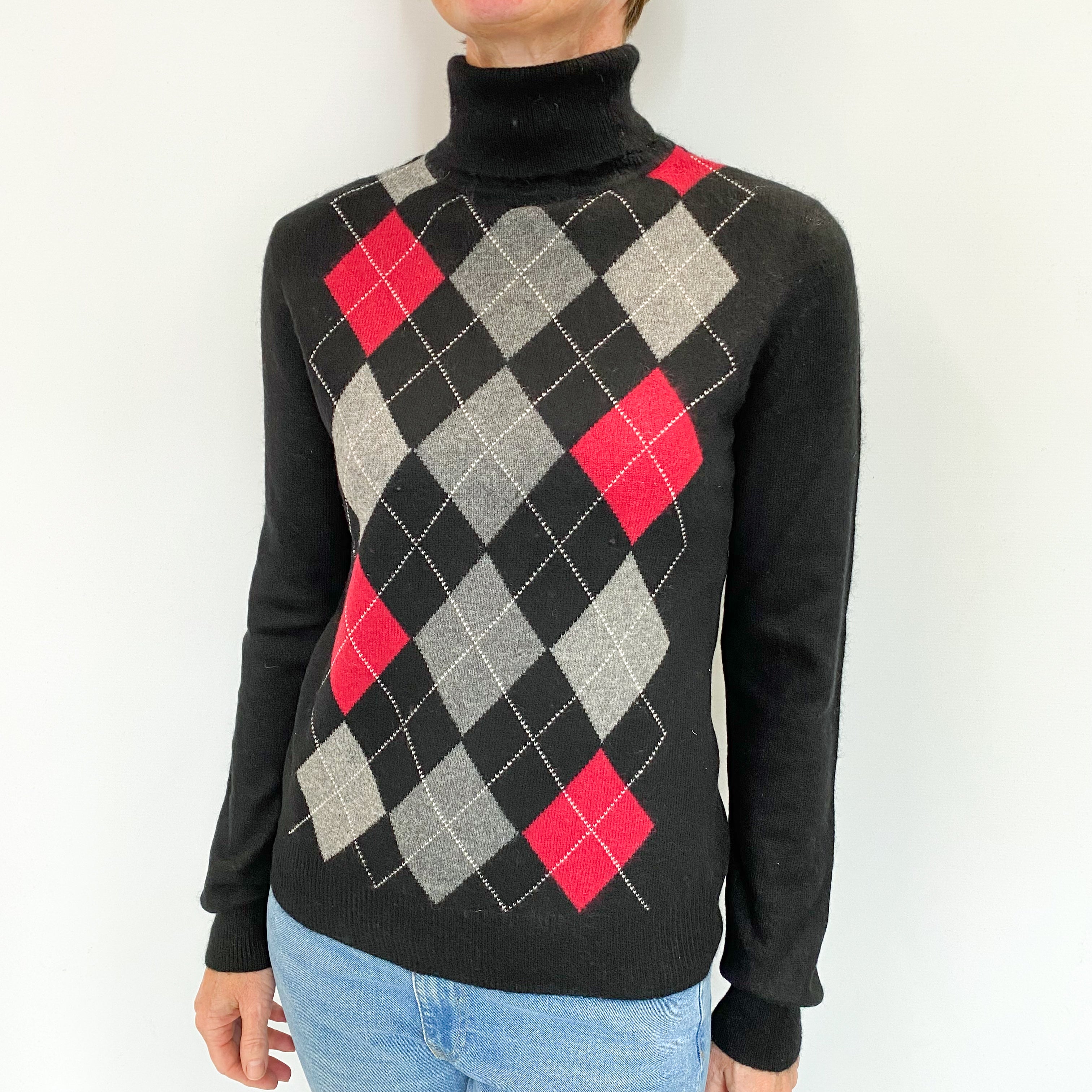 Black Argyle Cashmere Polo Neck Jumper Small