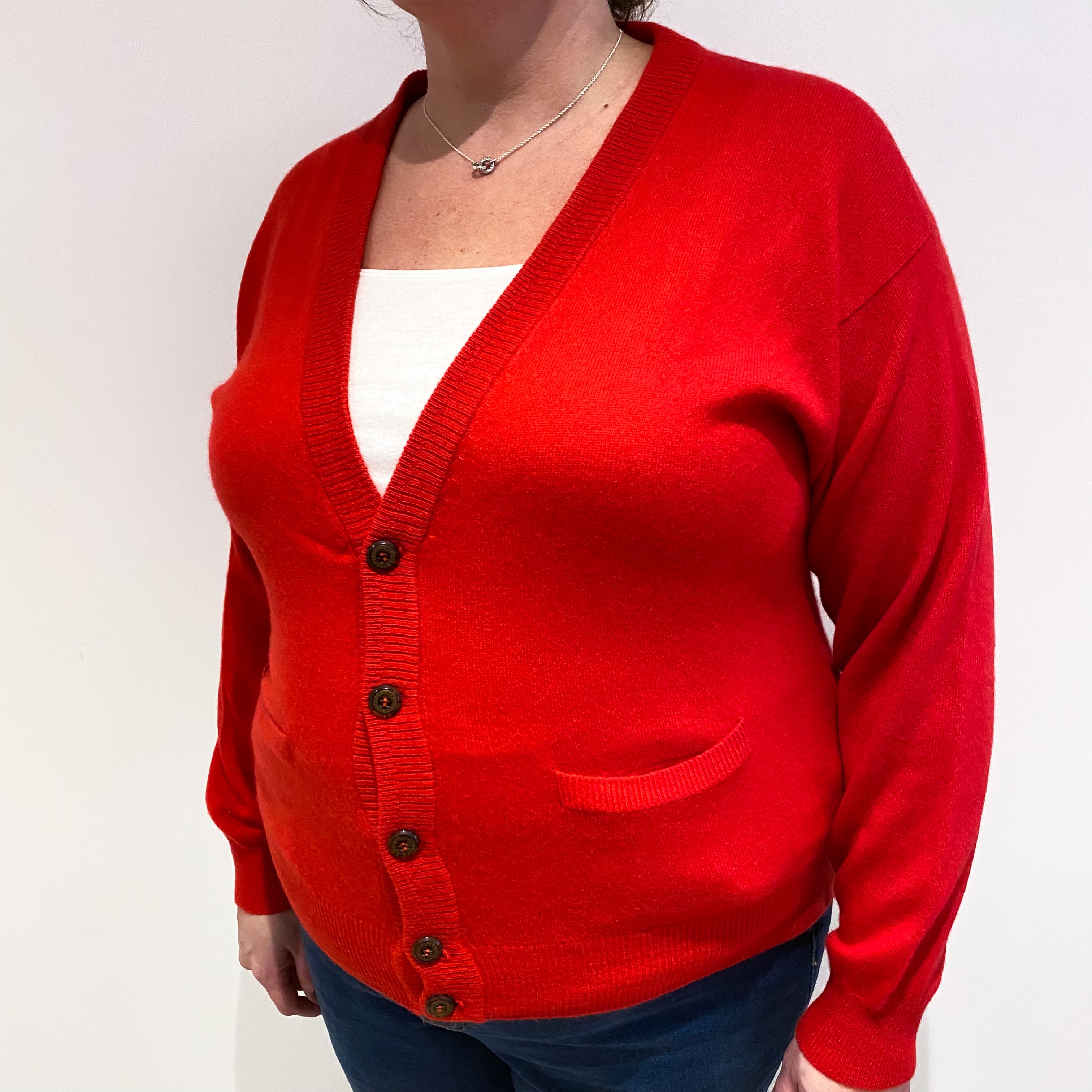 Berry Red Cashmere V Neck Cardigan with Pockets Extra Large