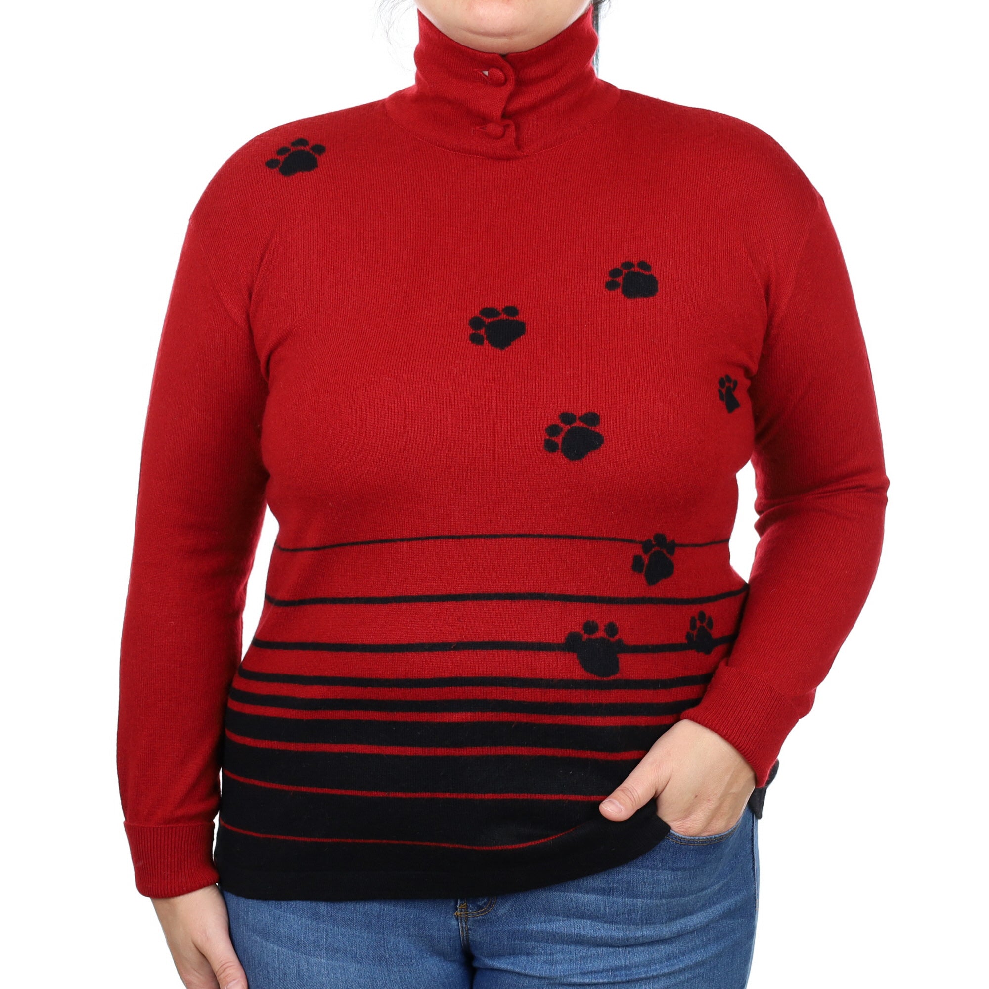 Crimson Red Paw Print Cashmere Polo Neck Jumper Large