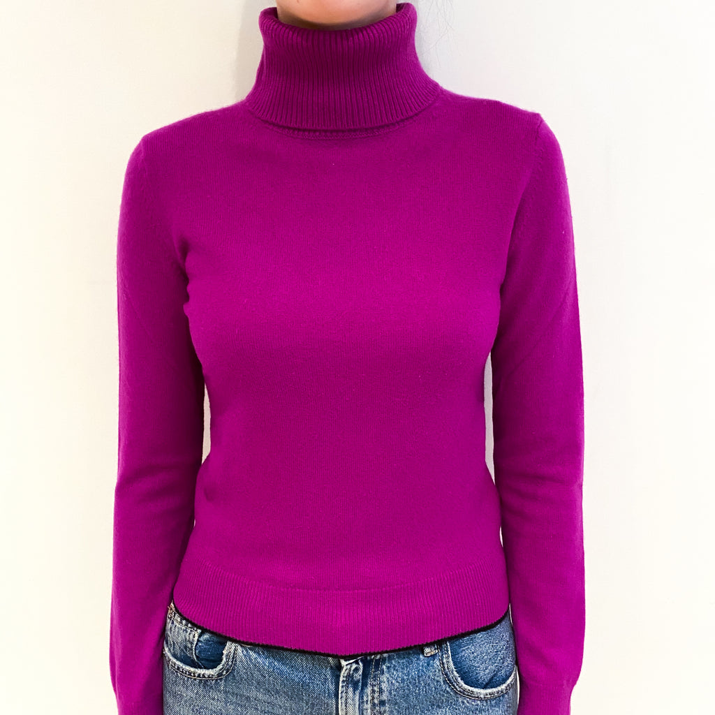 Magenta Pink Black Trim Cashmere Polo Neck Jumper Extra Small