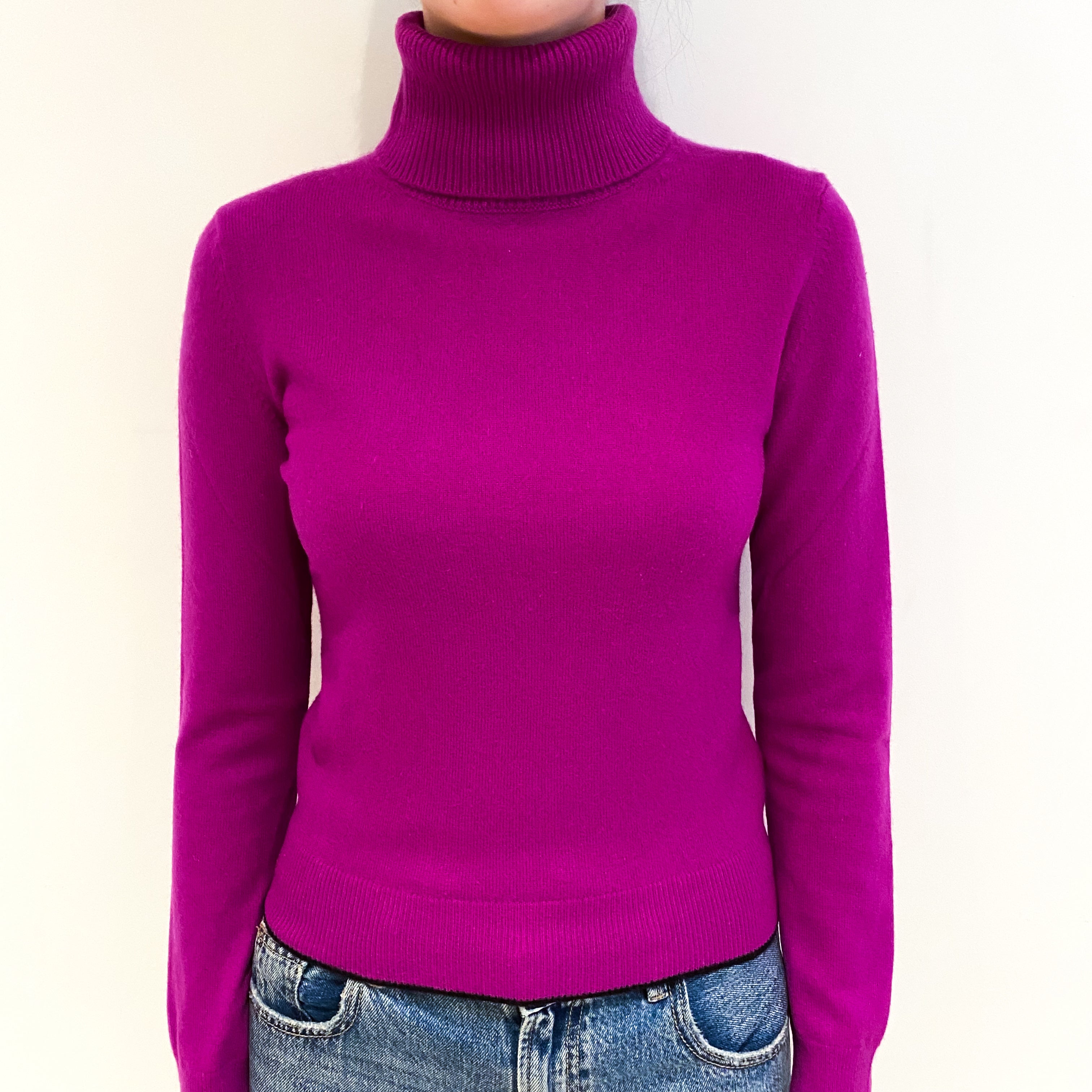 Magenta Pink Black Trim Cashmere Polo Neck Jumper Extra Small