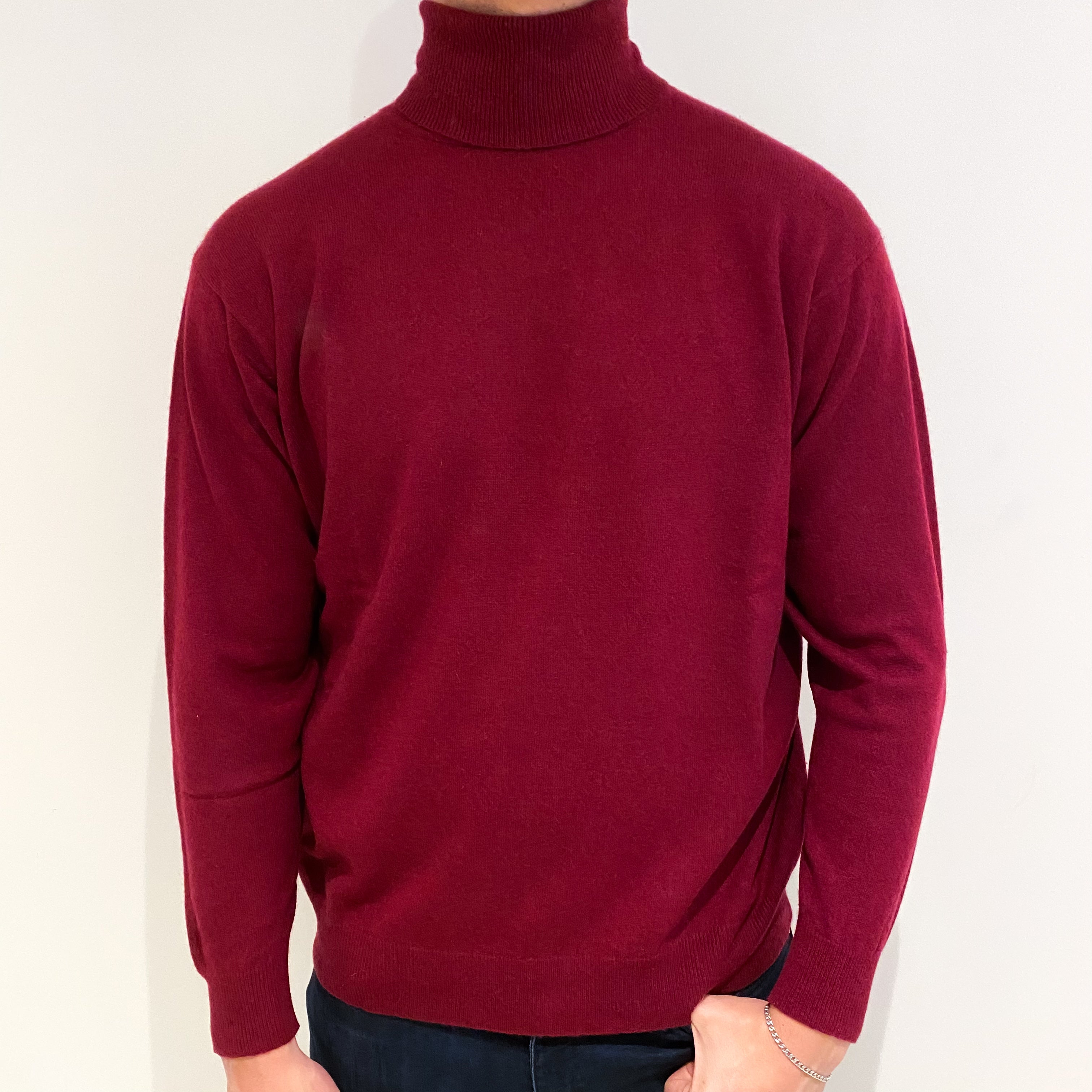 Men's Garnet Red Cashmere Polo Neck Jumper Extra Large