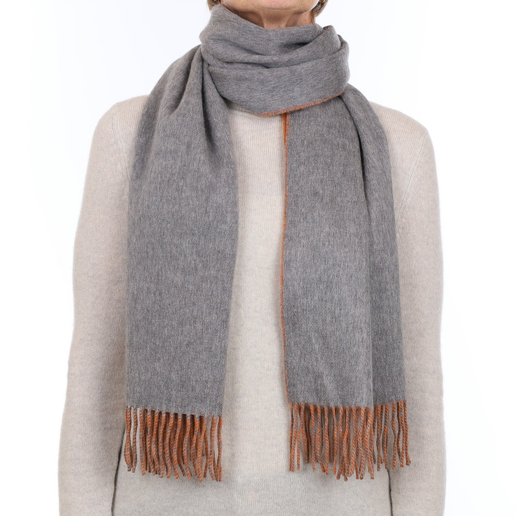 Brand New Scottish Designer Tangerine Orange and Ash Grey Luxury Woven Cashmere Scarf