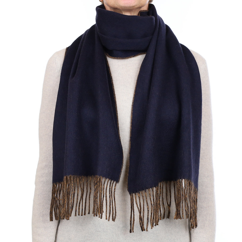 Brand New Scottish Designer Butterscotch and Navy Luxury Woven Cashmere Scarf