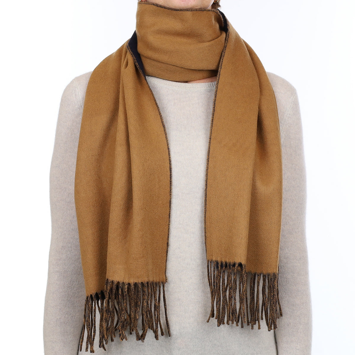 Brand New Scottish Designer Butterscotch and Navy Luxury Woven Cashmere Scarf