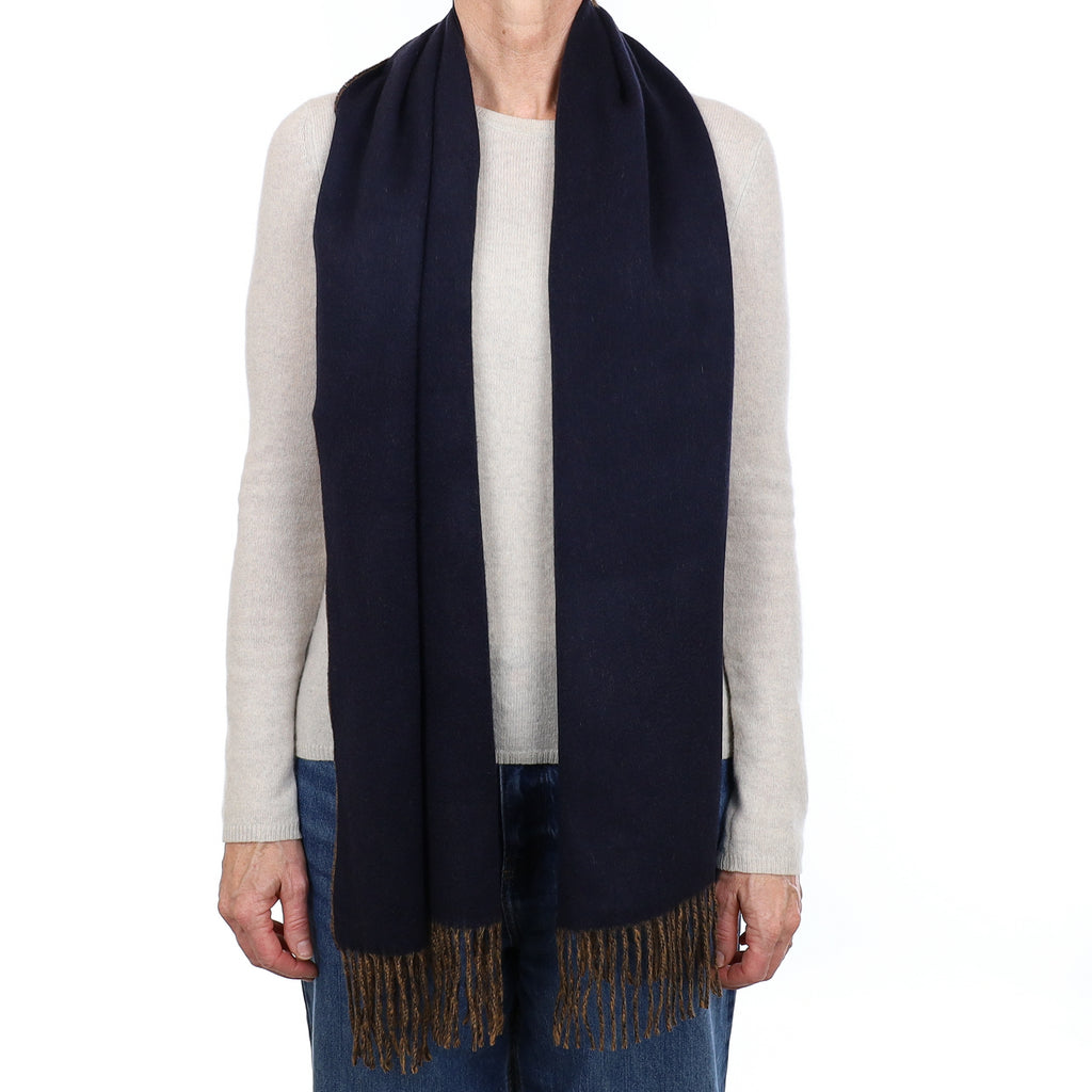 Brand New Scottish Designer Butterscotch and Navy Luxury Woven Cashmere Scarf