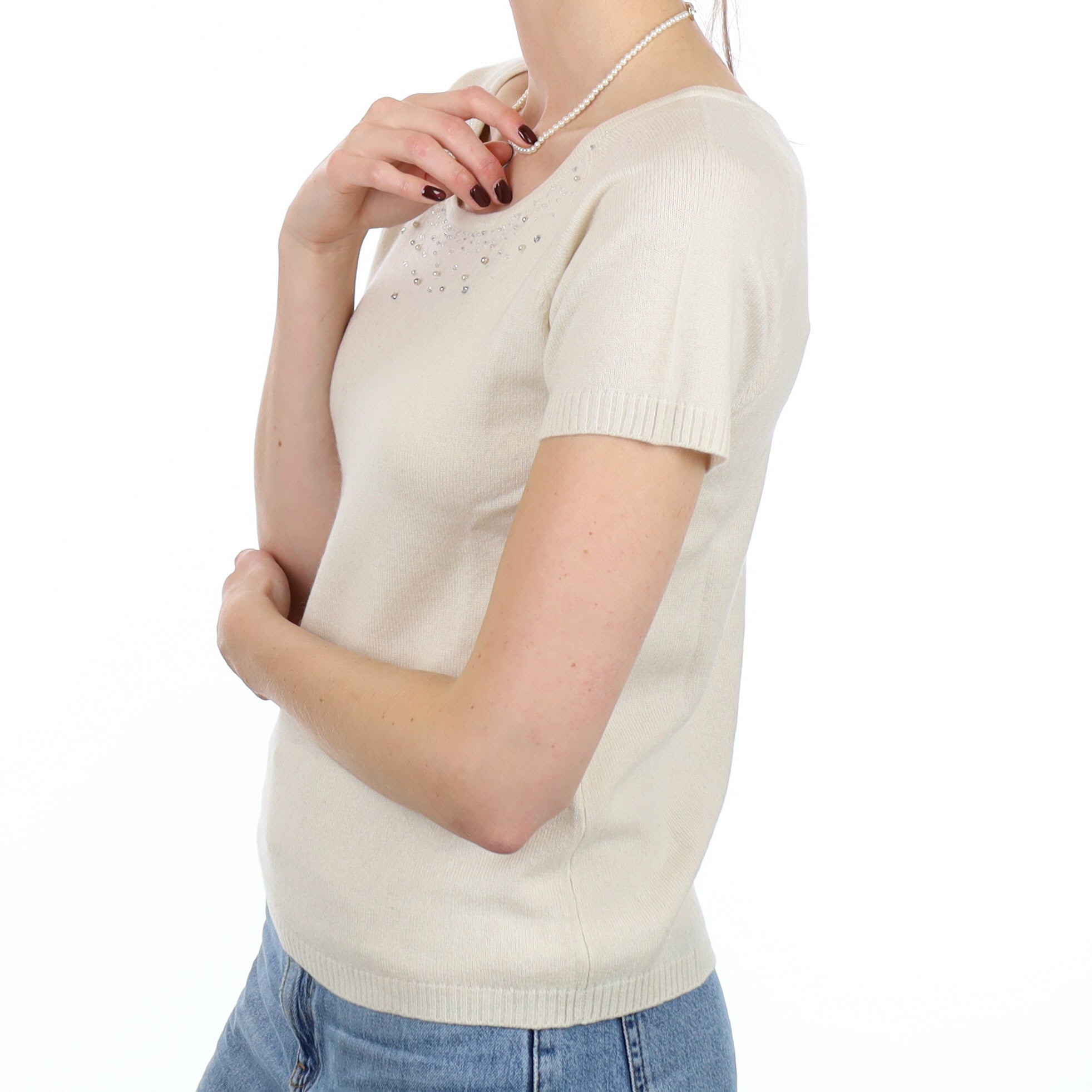 Ivory Embellished Cashmere Short Sleeve Scoop Neck Jumper Small