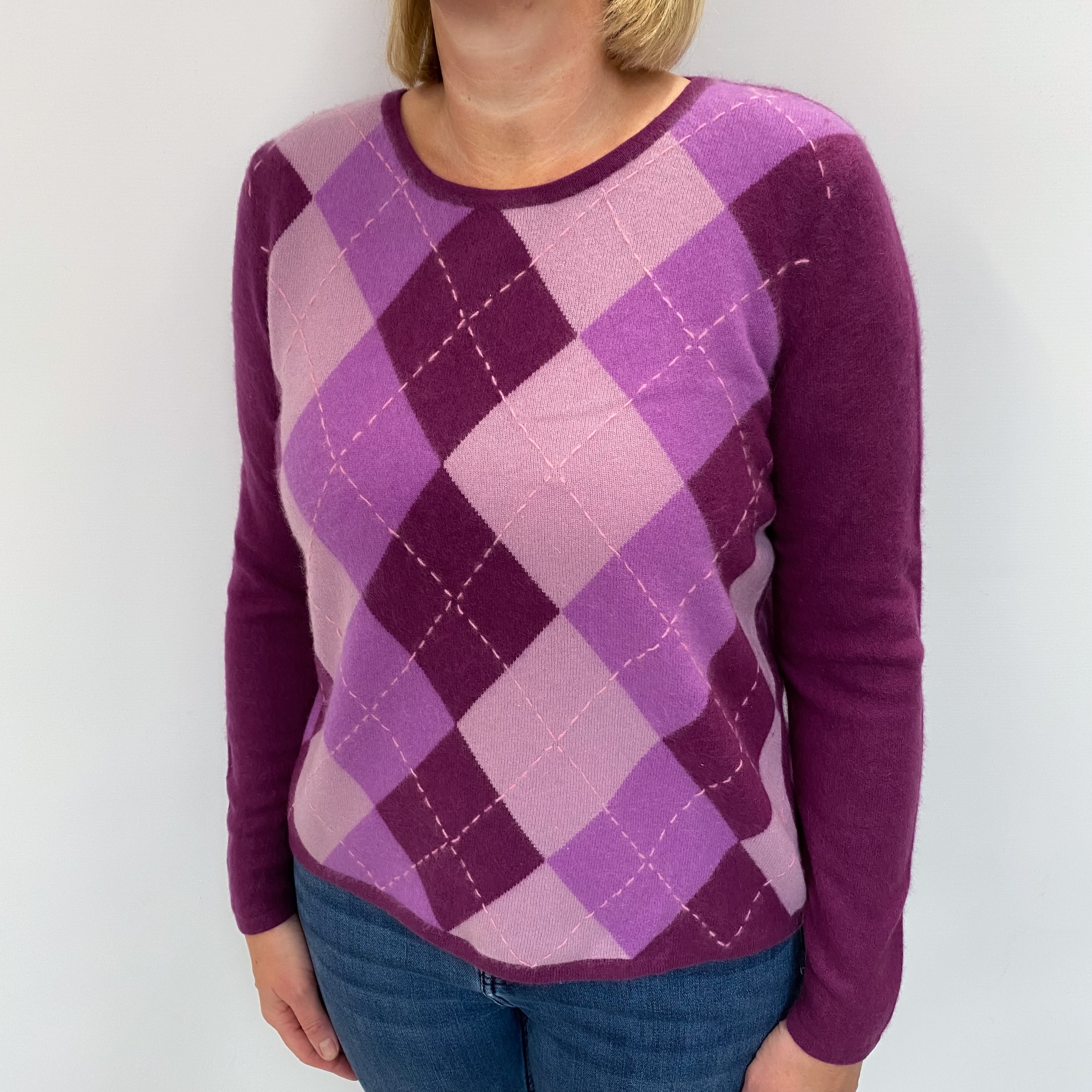 Deep Purple Argyle Cashmere Crew Neck Jumper Large