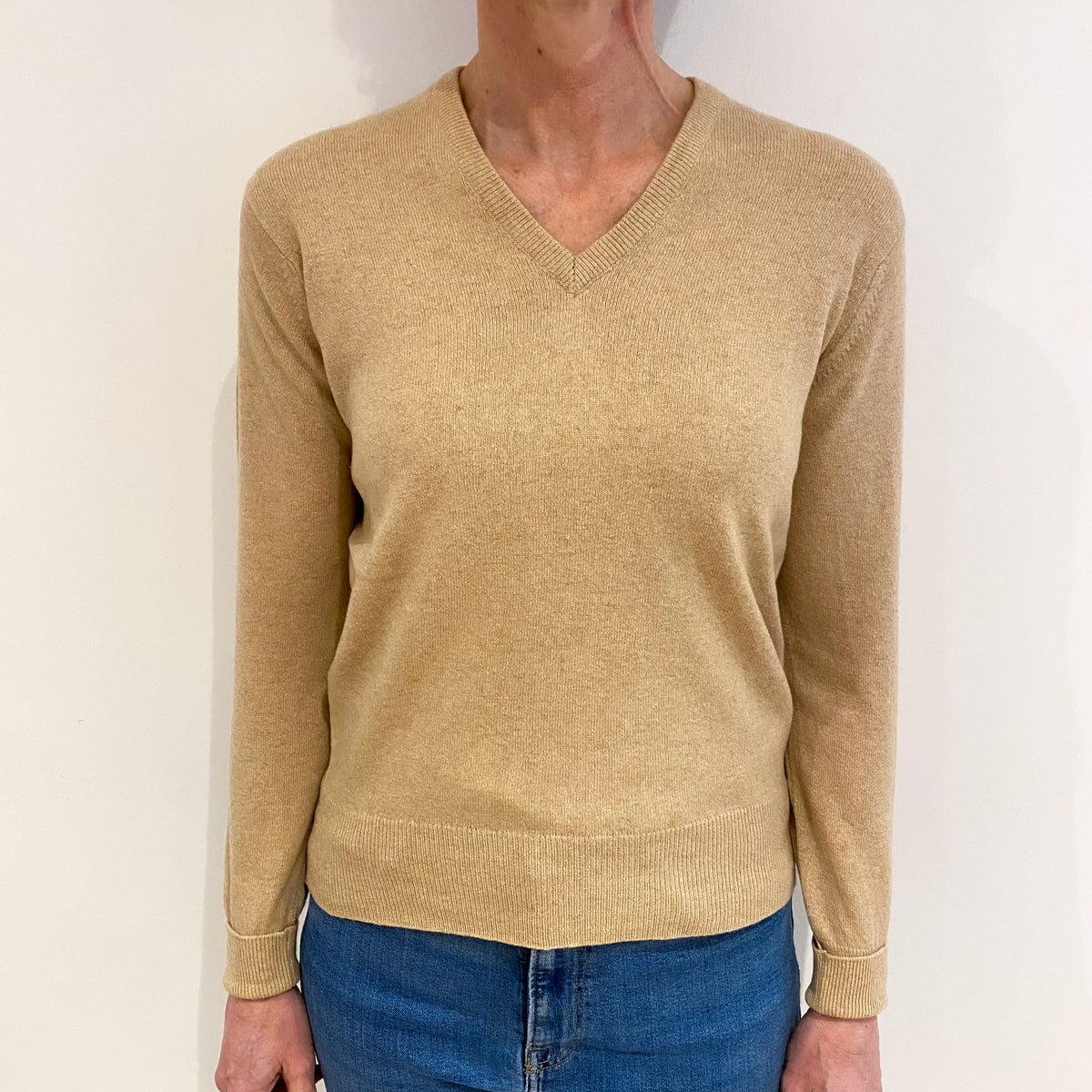 Vintage Scottish Sand Beige Cashmere V Neck Jumper Small