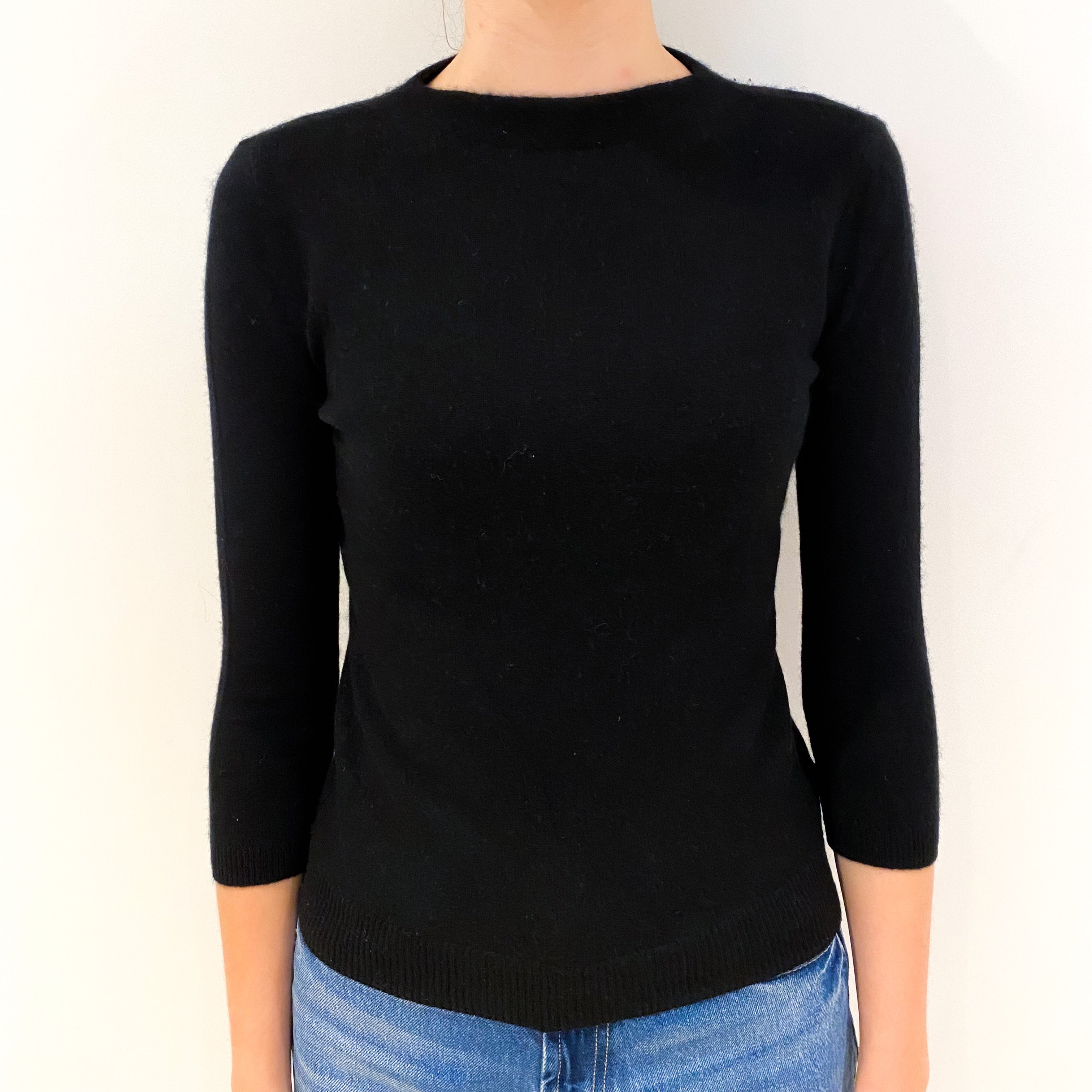 Black 3/4 Sleeve Cashmere Crew Neck Jumper Extra Small