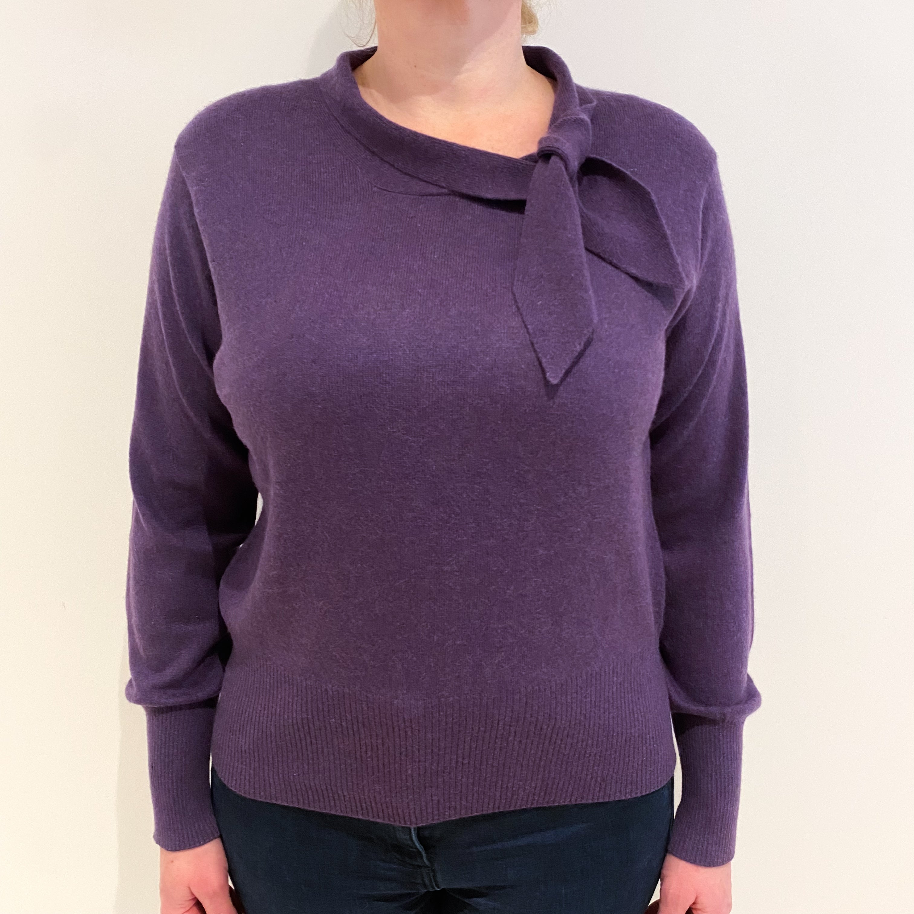 Grape Purple Cashmere Tie Neck Jumper Large