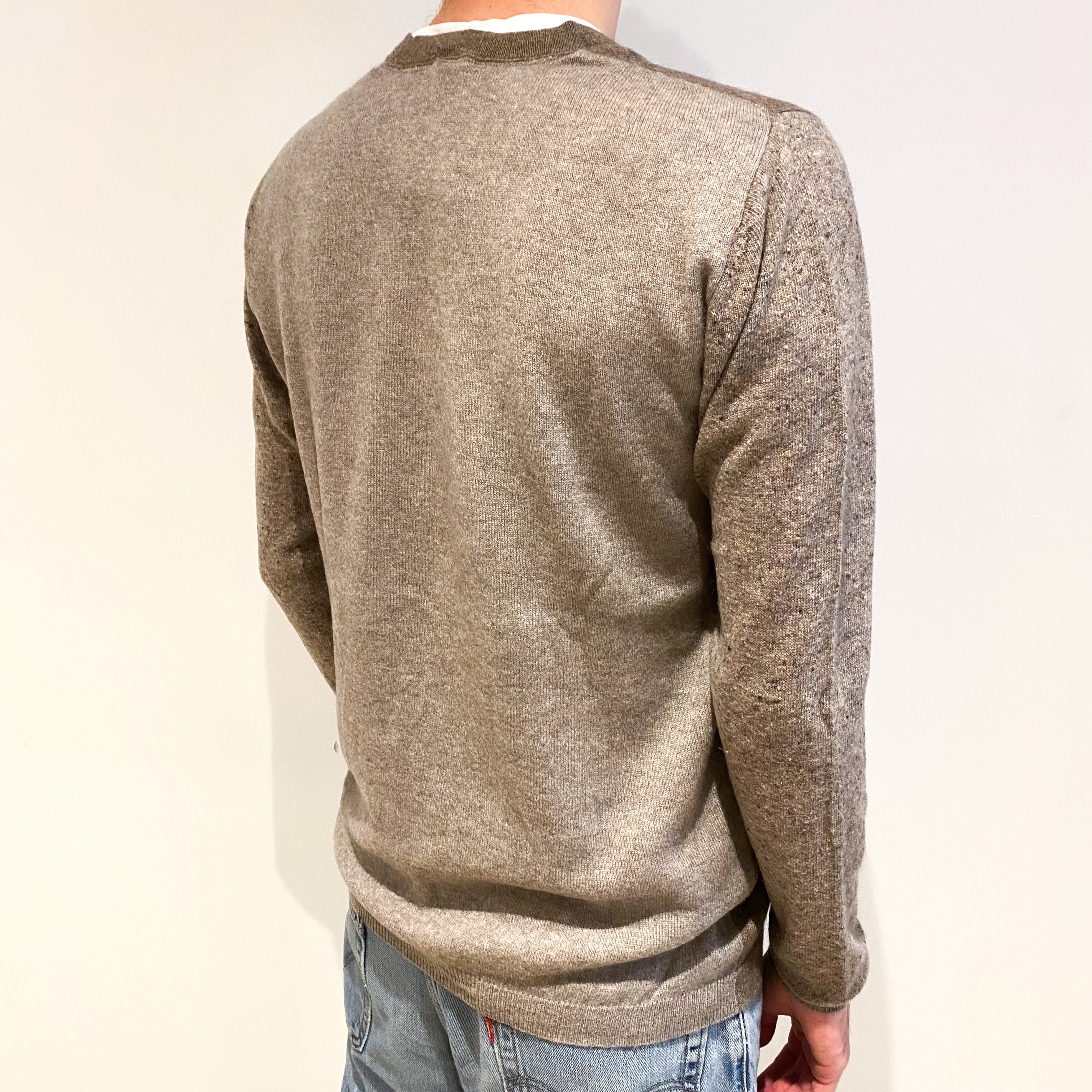Men's Brown Colour Block Cashmere V Neck Jumper Large