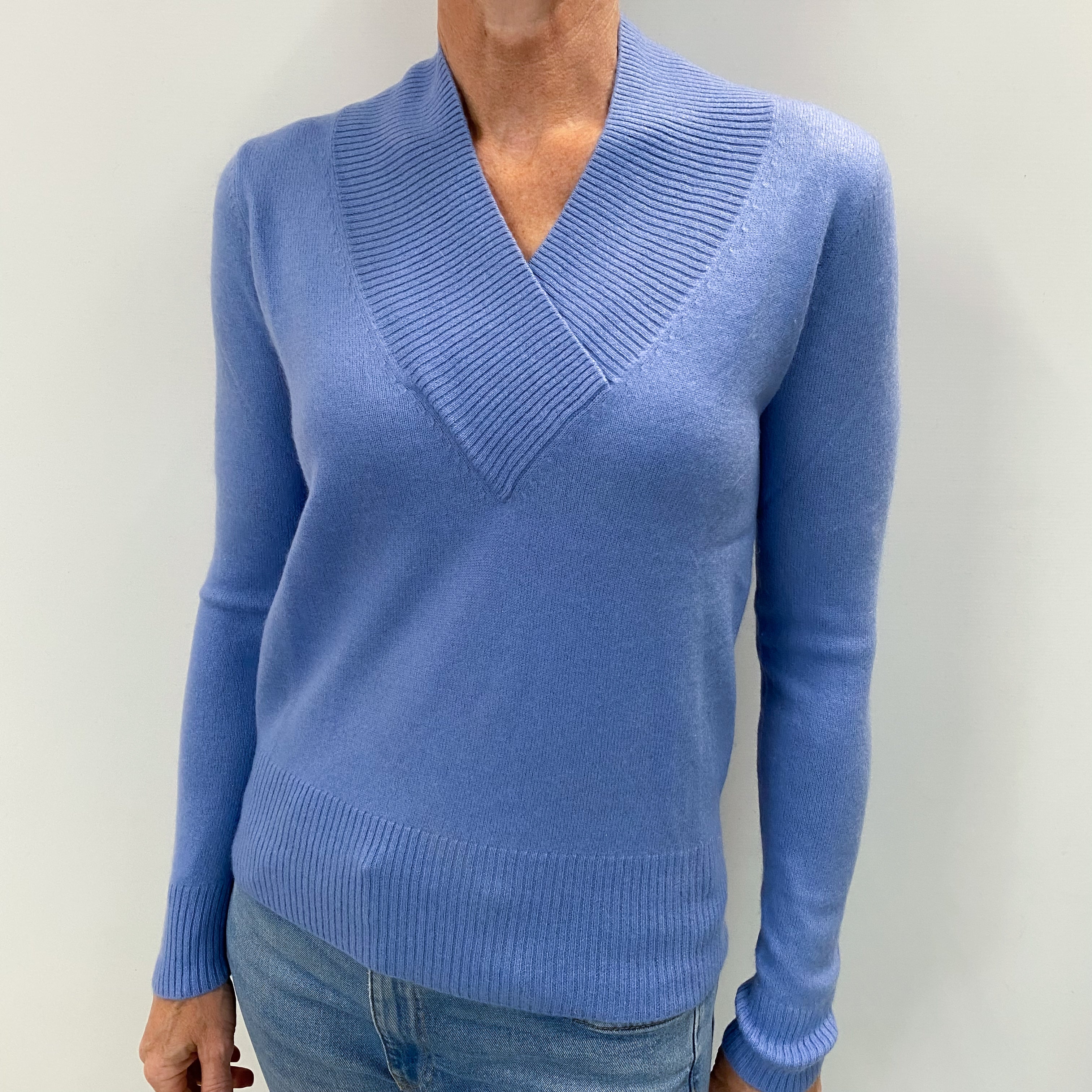 Sky Blue Cashmere Cross Over V Neck Jumper Small