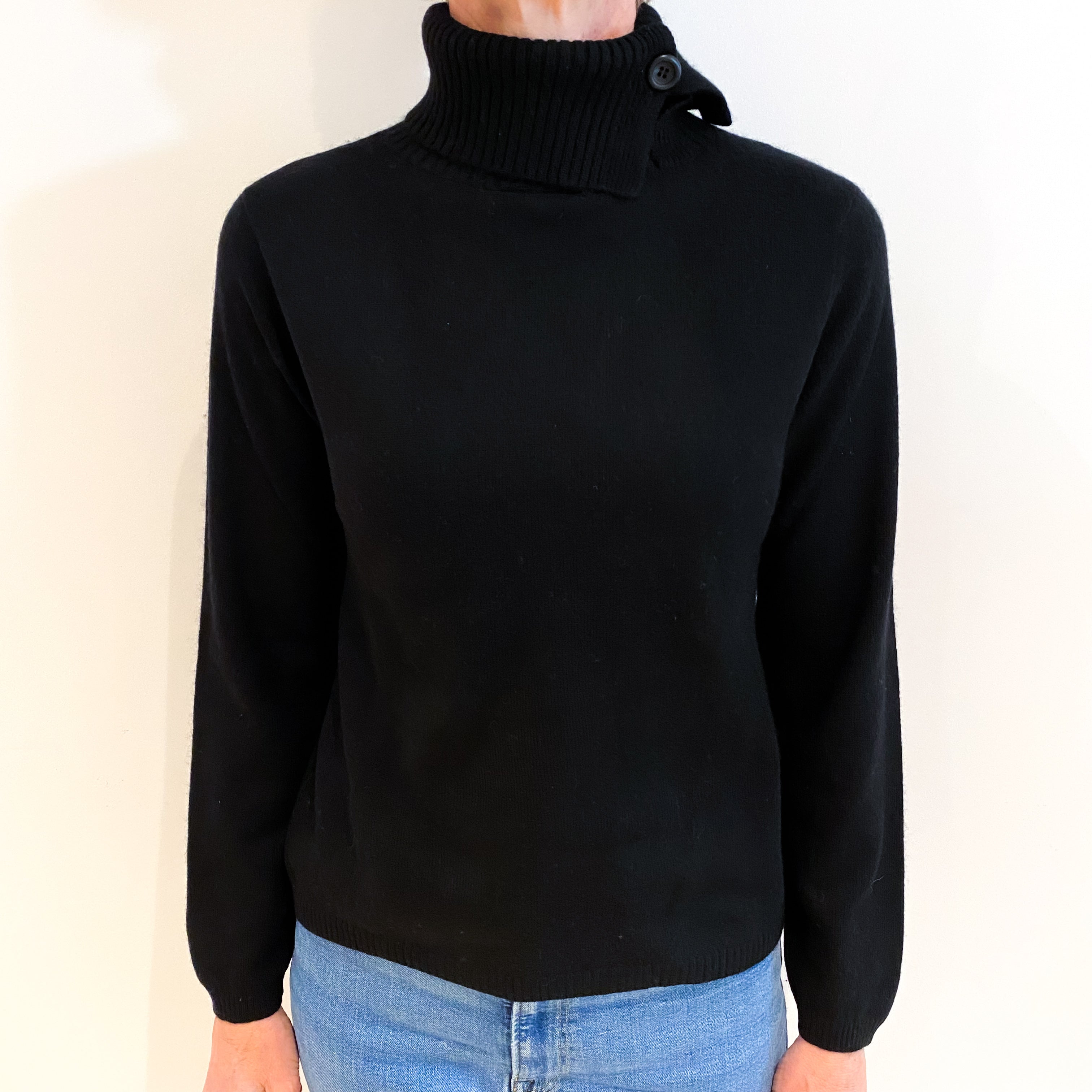 Black Cashmere Buttoned Polo Neck Jumper Small
