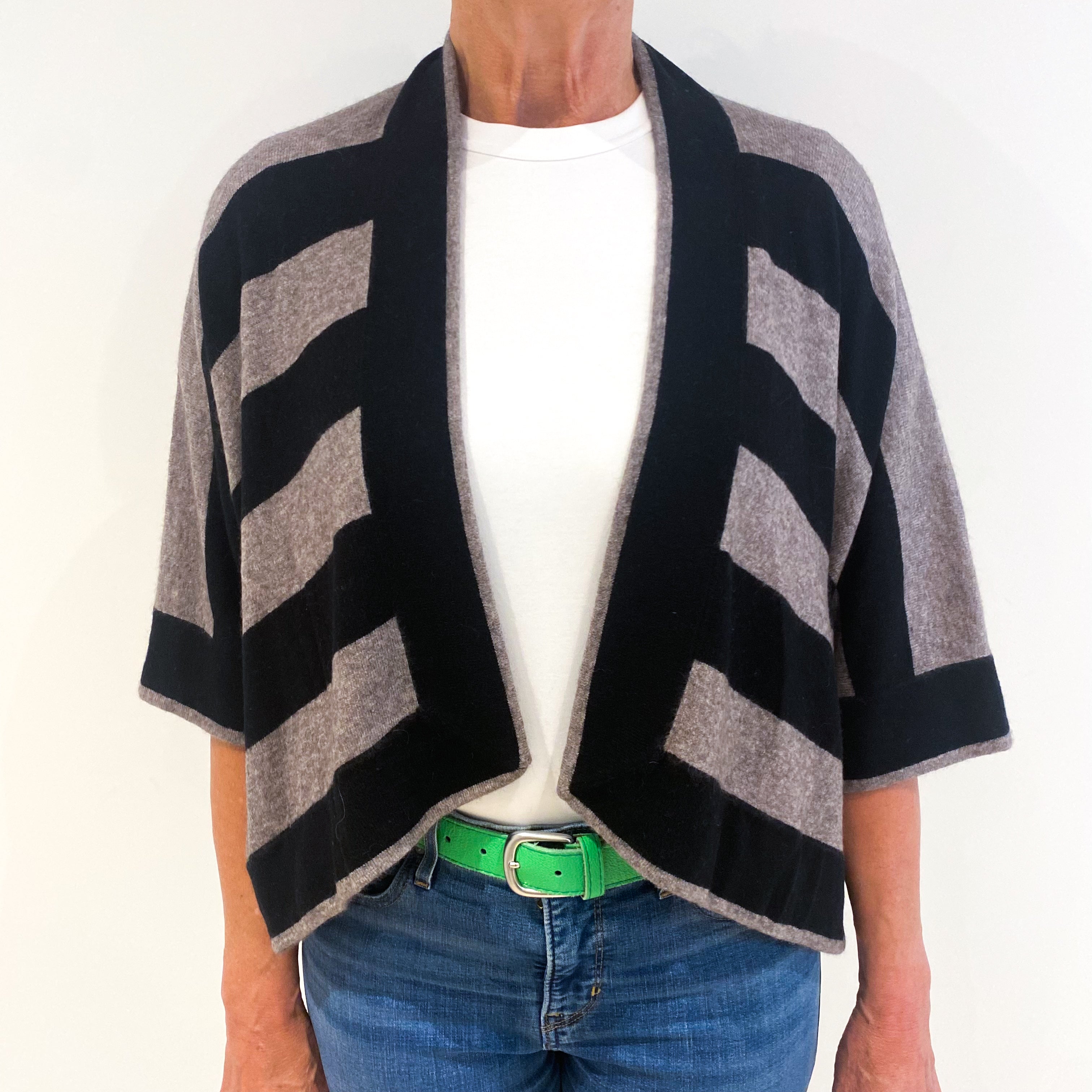 Black Brown Striped Slouchy Cashmere Edge To Edge Cardigan Medium