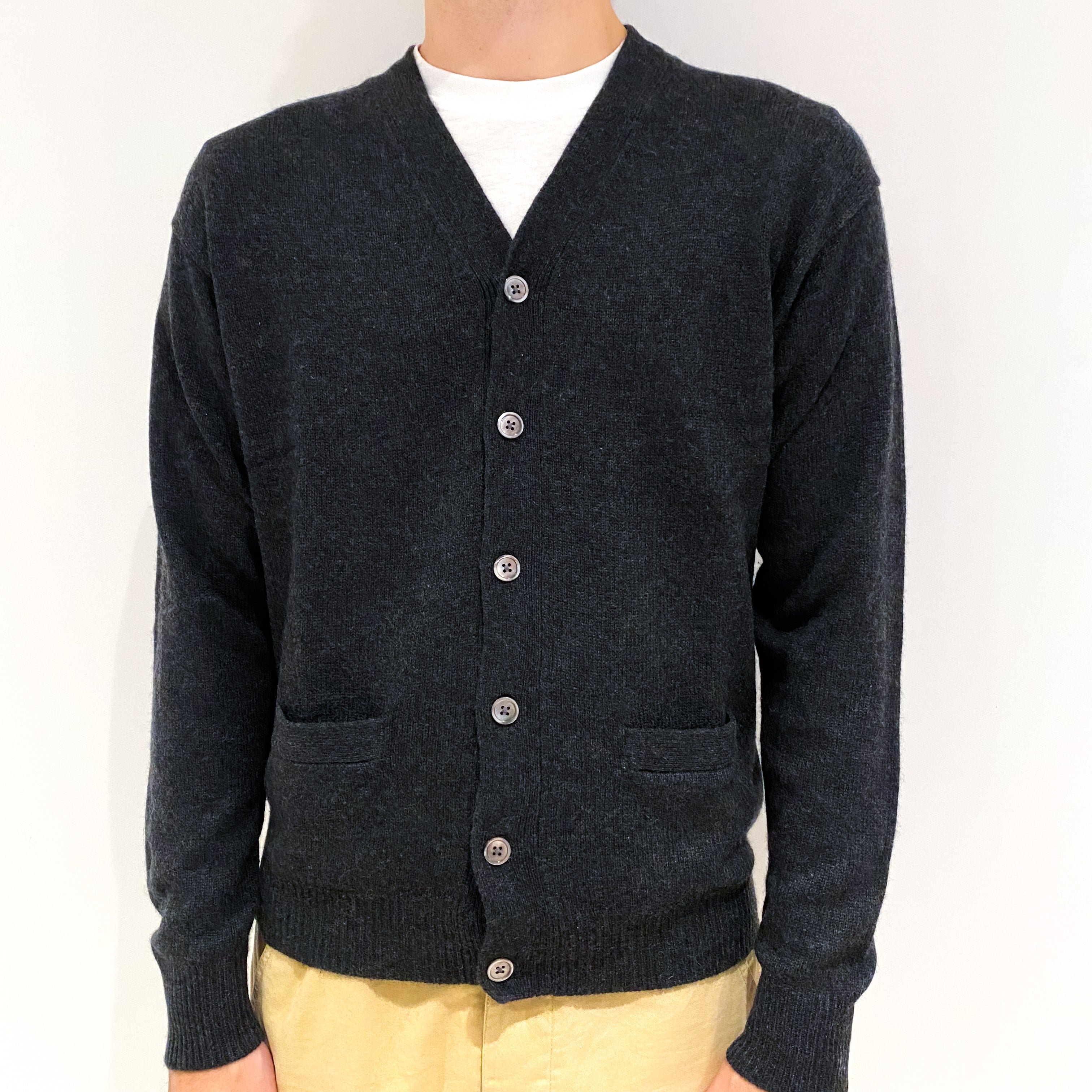 Men's Charcoal Grey Cashmere V-Neck Cardigan Large