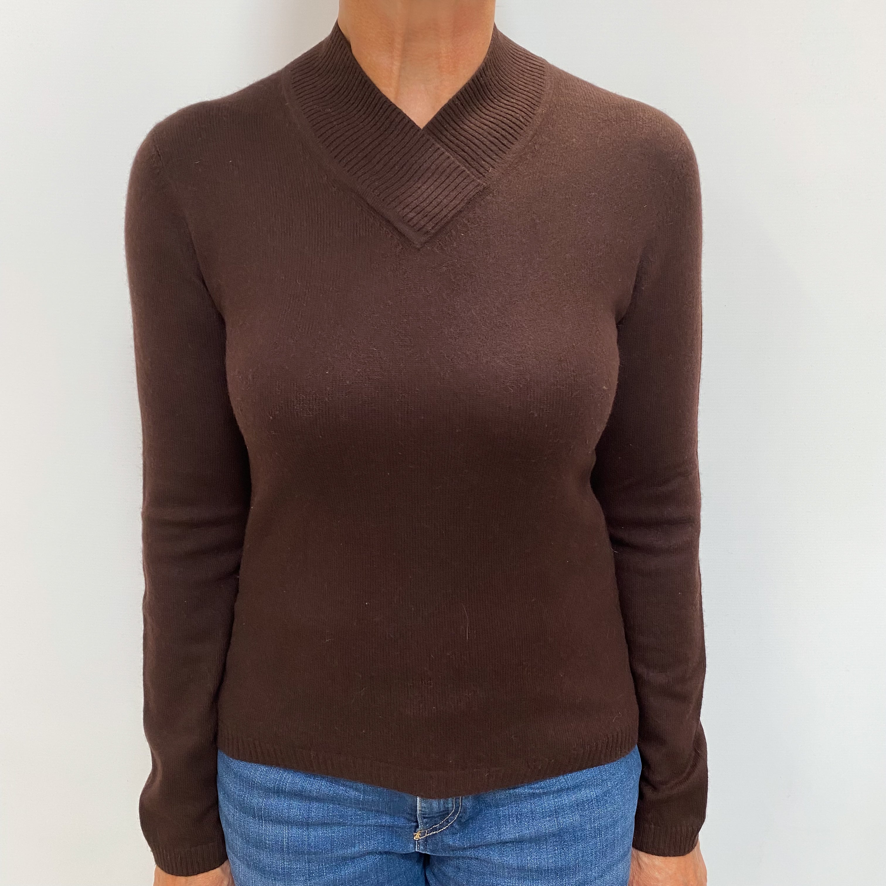 Dark Chocolate Brown Cashmere Crossover V Neck Jumper Medium