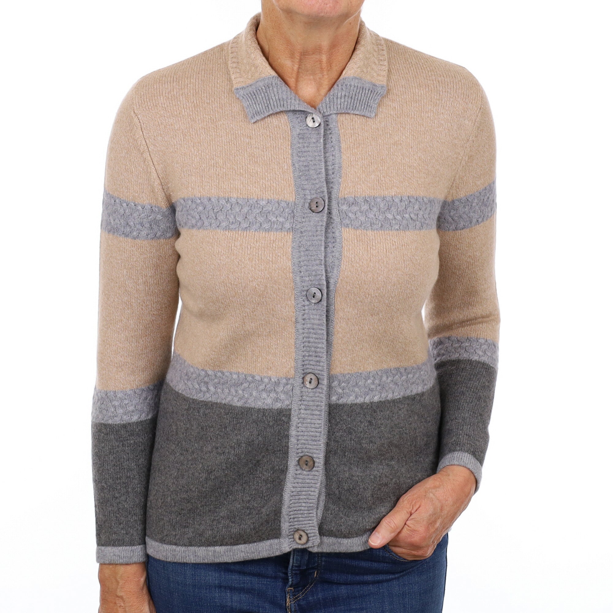 Caramel and Grey Striped Cashmere Collared Neck Cardigan Medium
