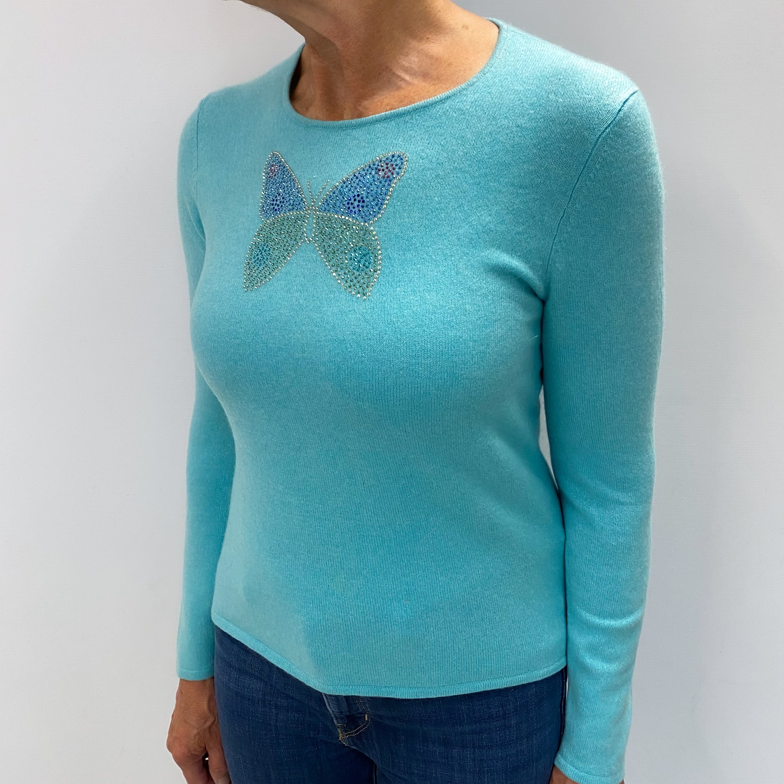 Aquamarine Diamanté Butterfly Cashmere Crew Neck Jumper Medium