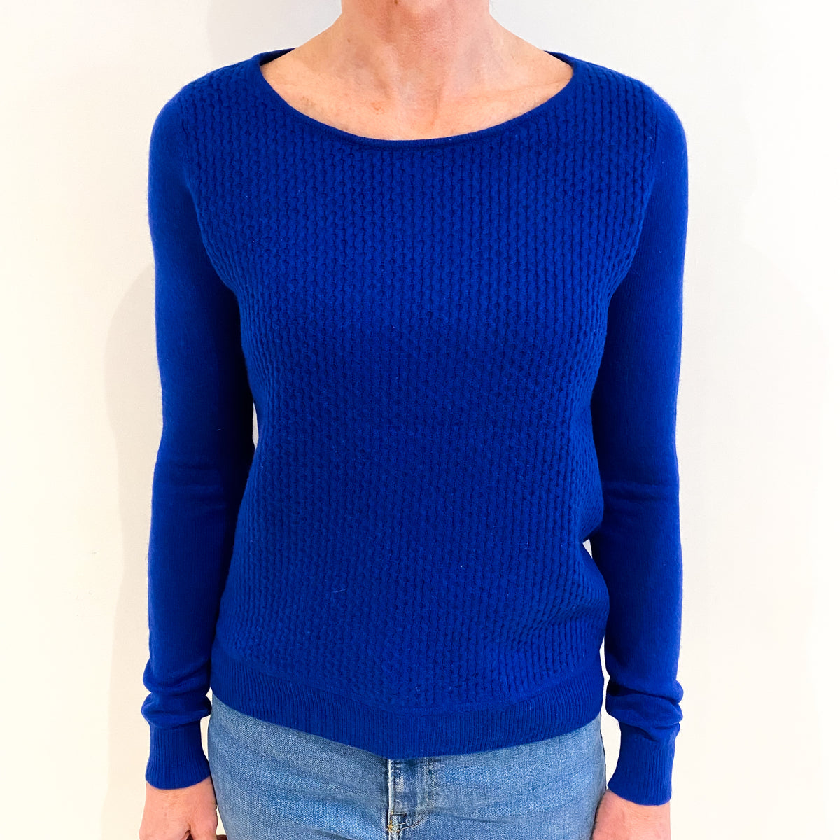 Admiral Blue Cashmere Crew Neck Textured Knit Jumper Small