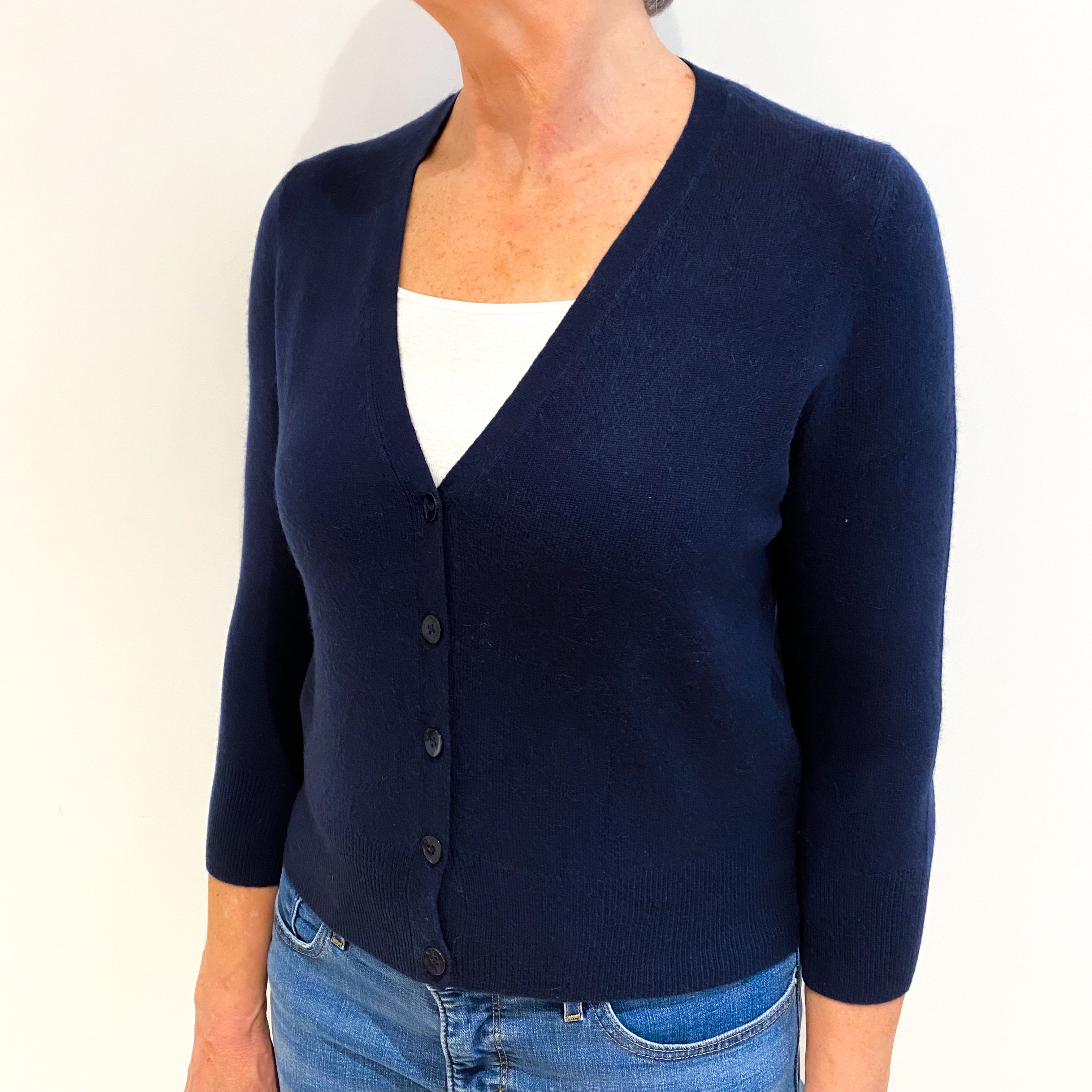 Navy Cashmere V Neck Cardigan Medium