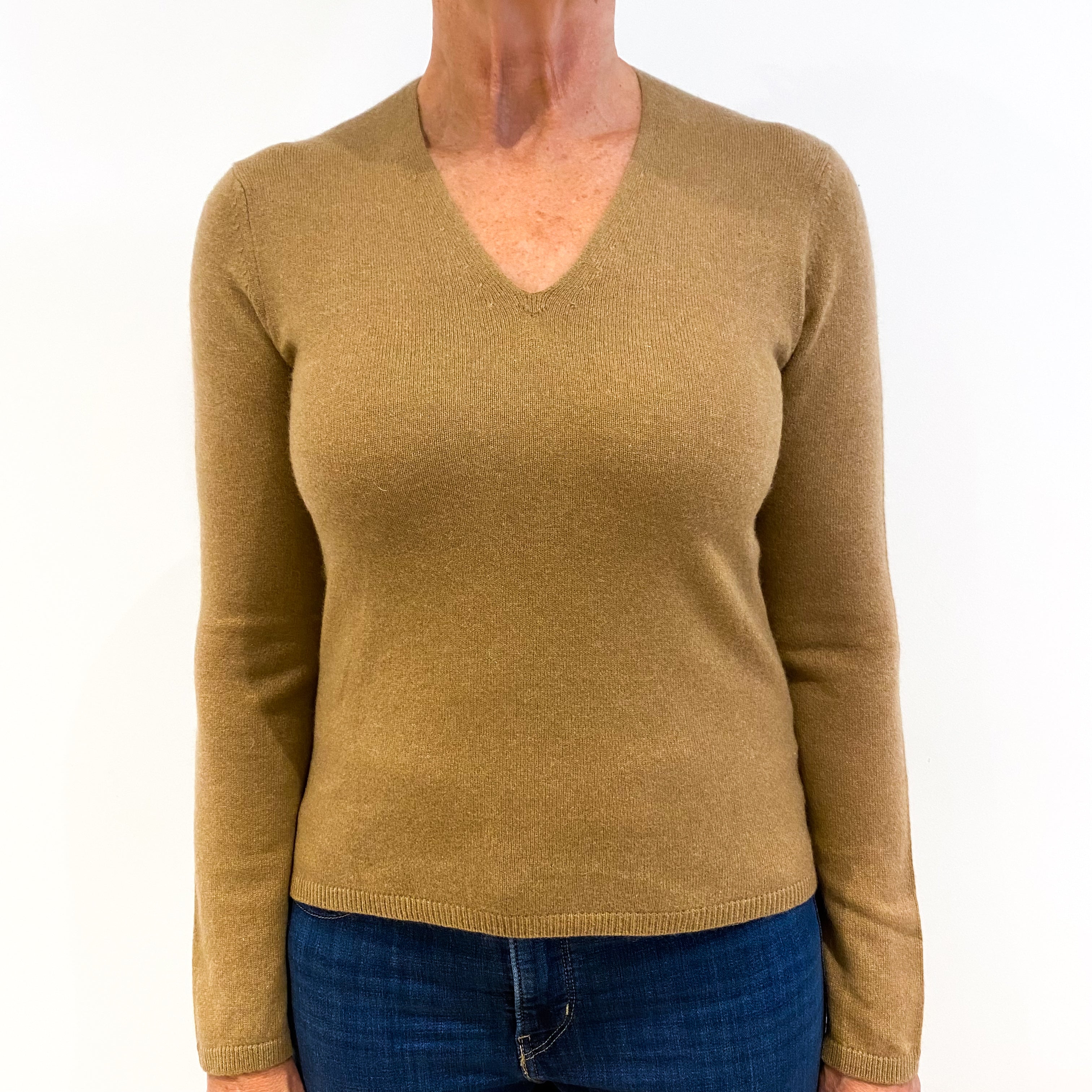 Caramel Brown Cashmere V-Neck Jumper Medium