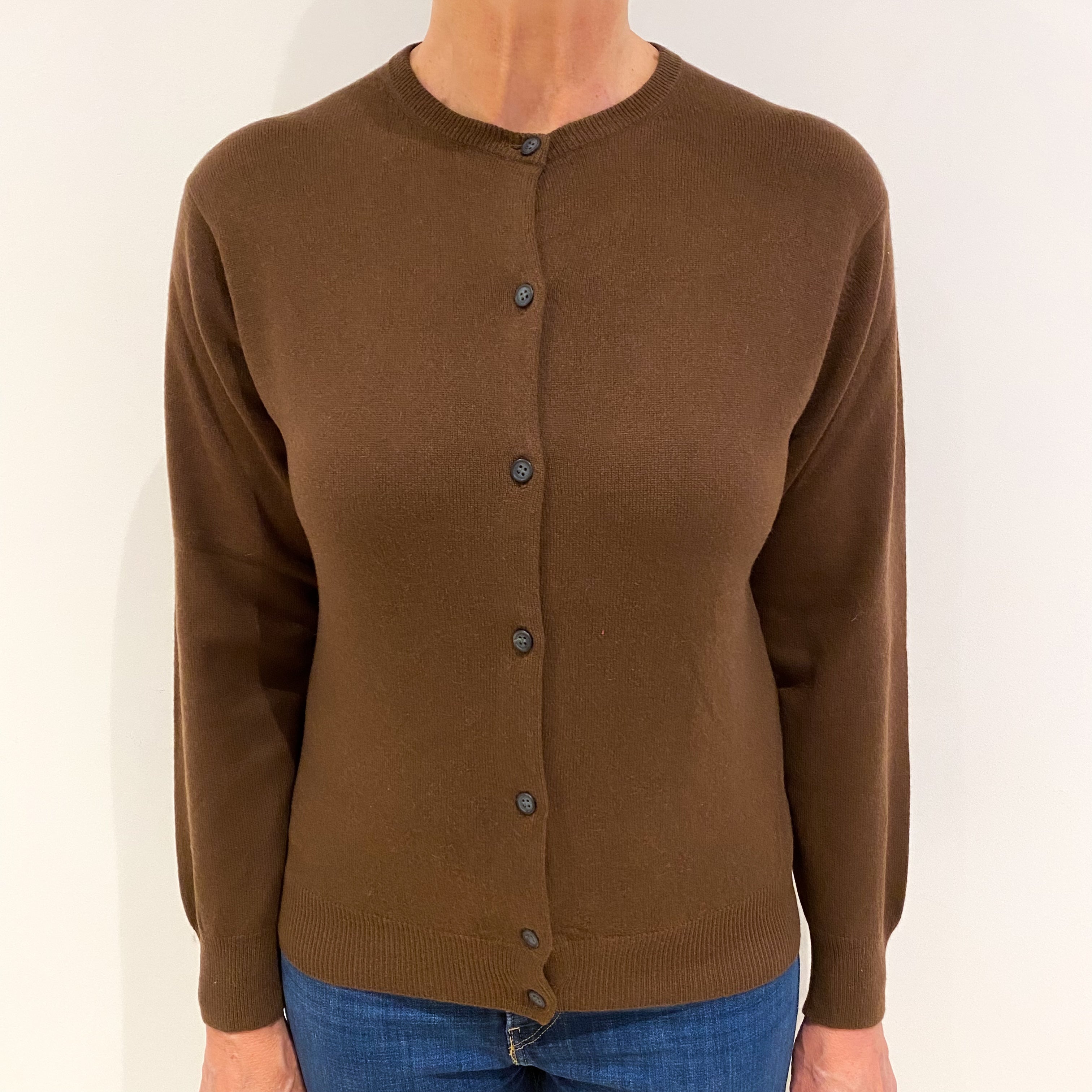 Milk Chocolate Brown Cashmere Crew Neck Cardigan Medium