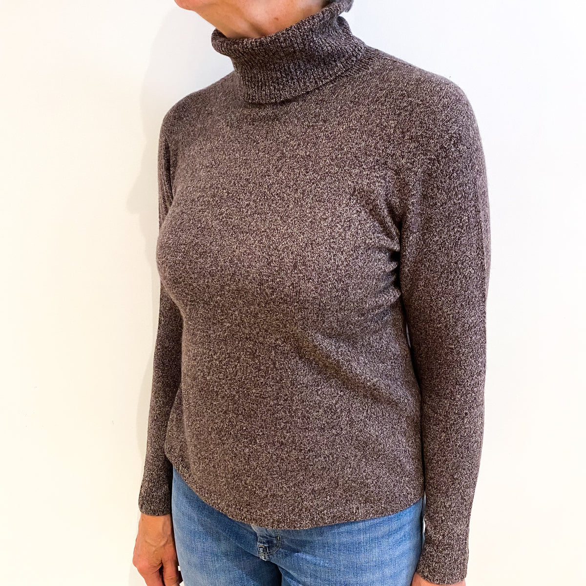 Chocolate Brown Marl Cashmere Polo Neck Jumper Medium