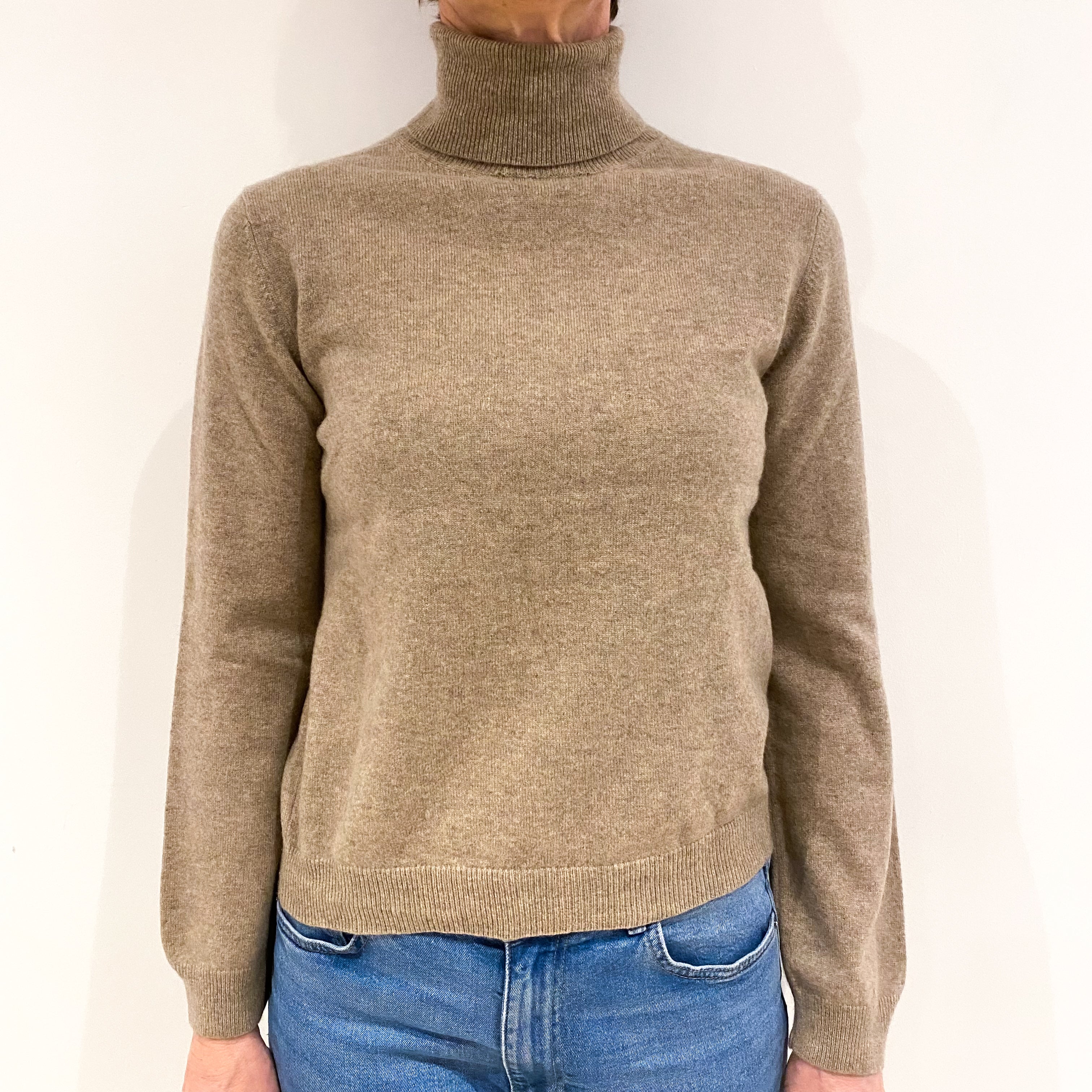 Taupe Brown Cashmere Polo Neck Jumper Small