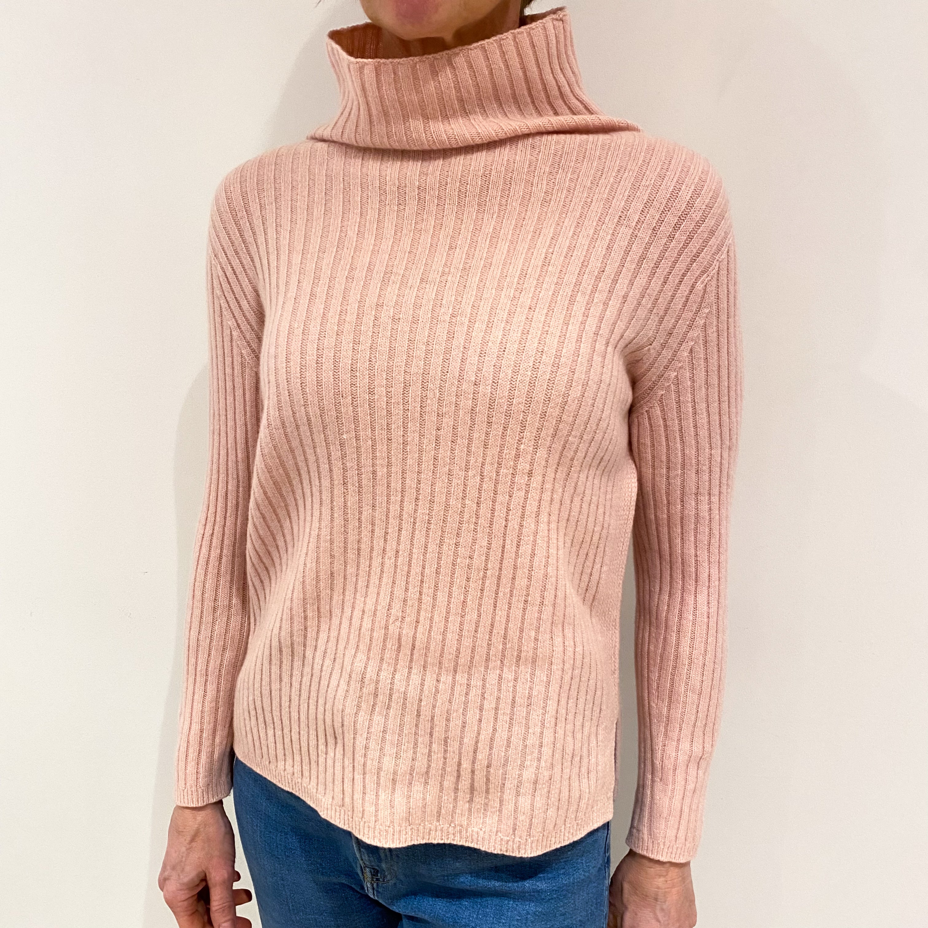 Shell Pink Ribbed Cashmere Funnel Neck Jumper Small