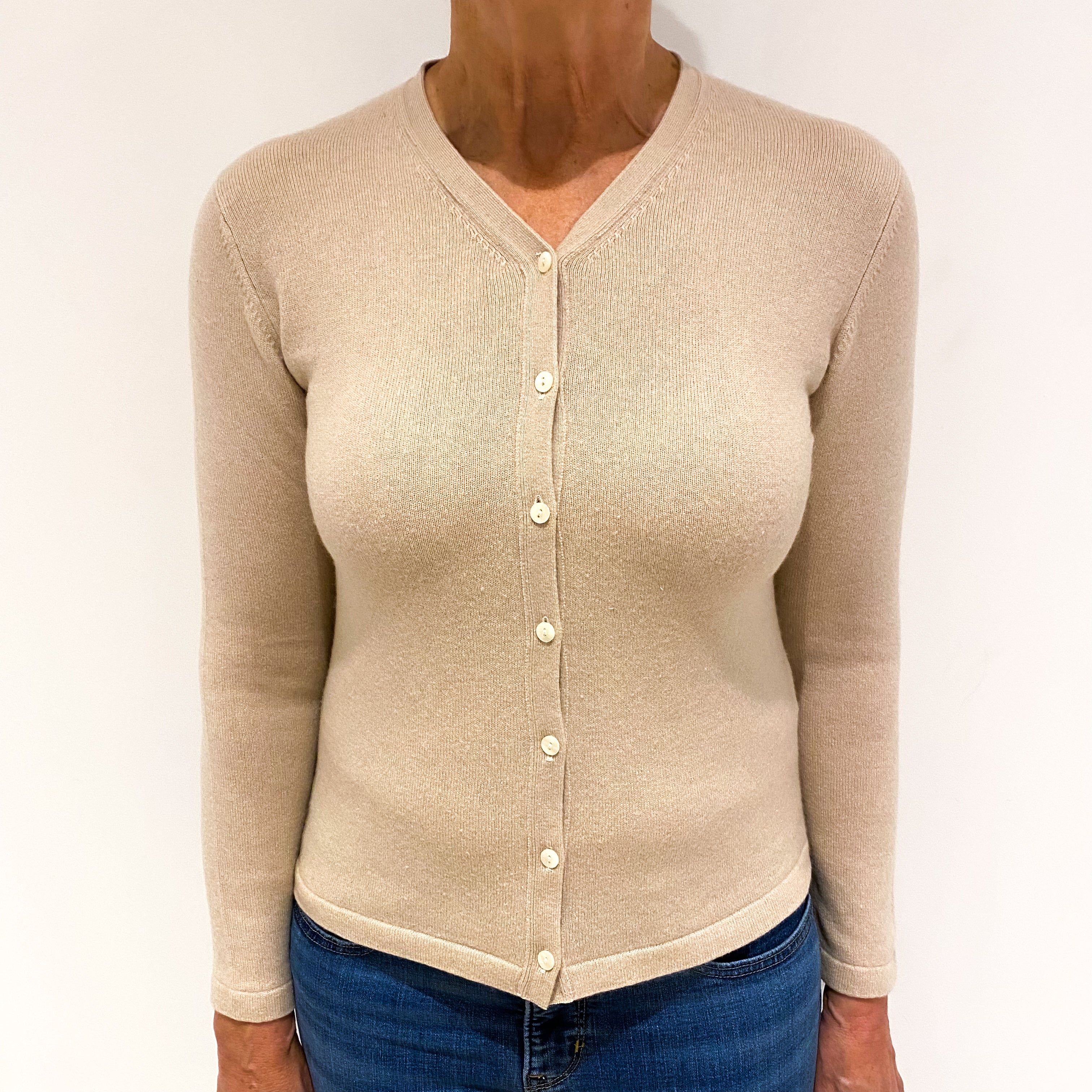 Soft Beige Cashmere V Neck Cardigan Medium