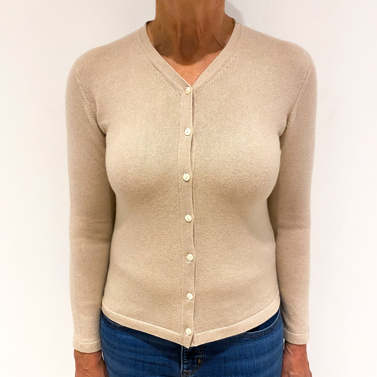 Soft Beige Cashmere V Neck Cardigan Medium