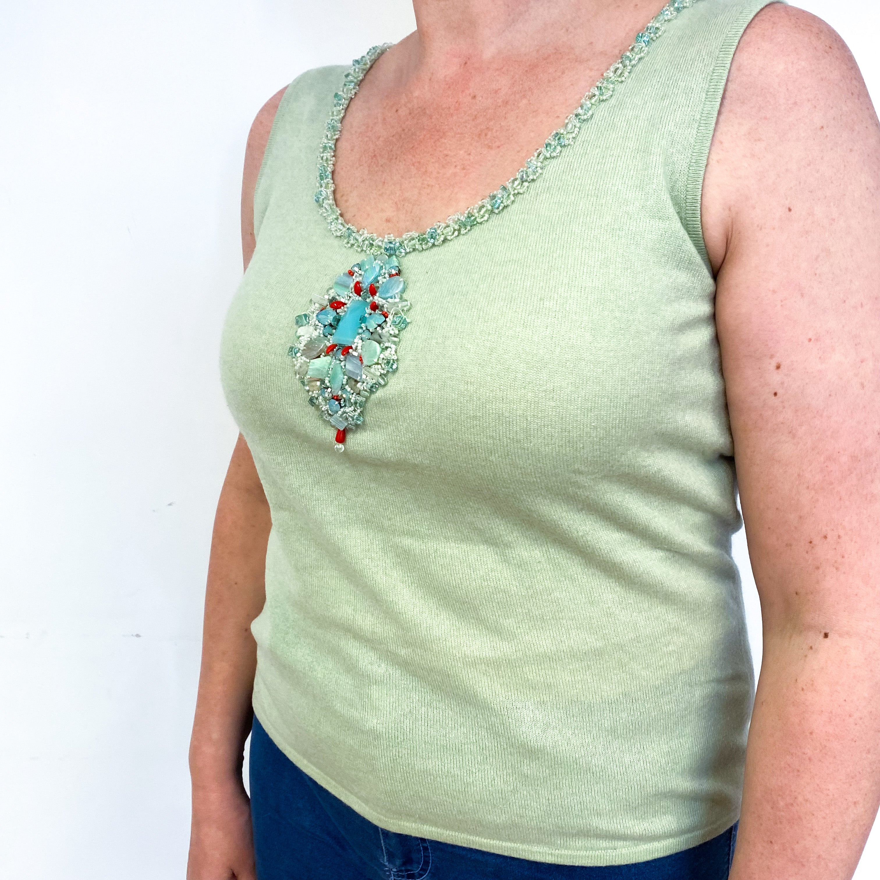 Soft Lime Green Bejewelled Cashmere Crew Neck Vest Large
