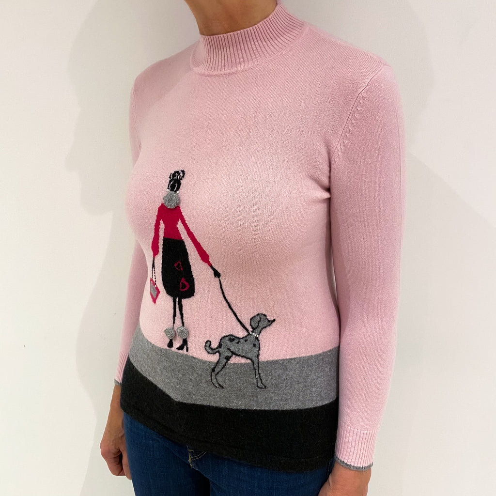 Pale Pink and Grey Trim Cashmere Turtle Neck Jumper Medium