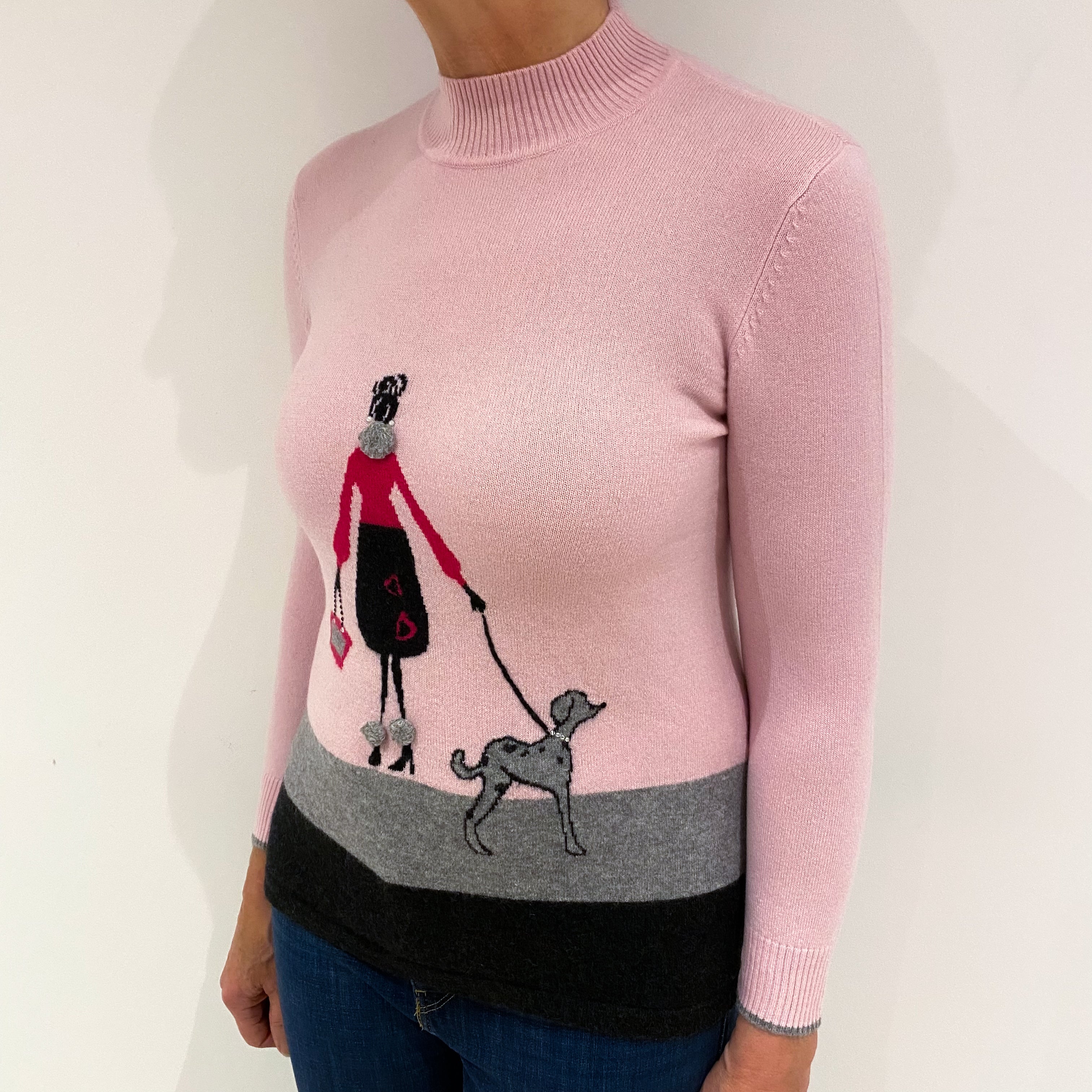 Pale Pink and Grey Trim Cashmere Turtle Neck Jumper Medium