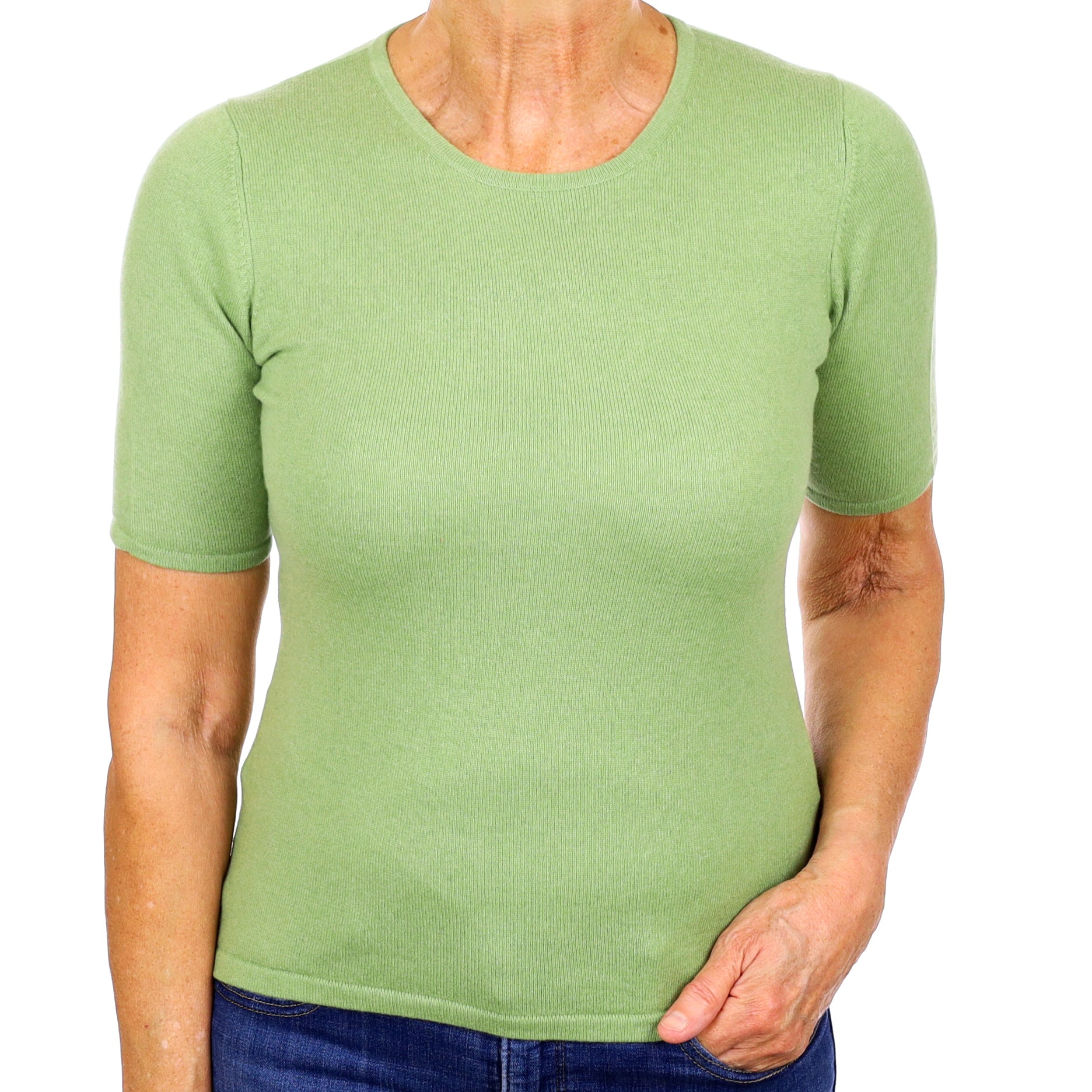 Kiwi Green Cashmere Crew Neck Short Sleeved Jumper Medium