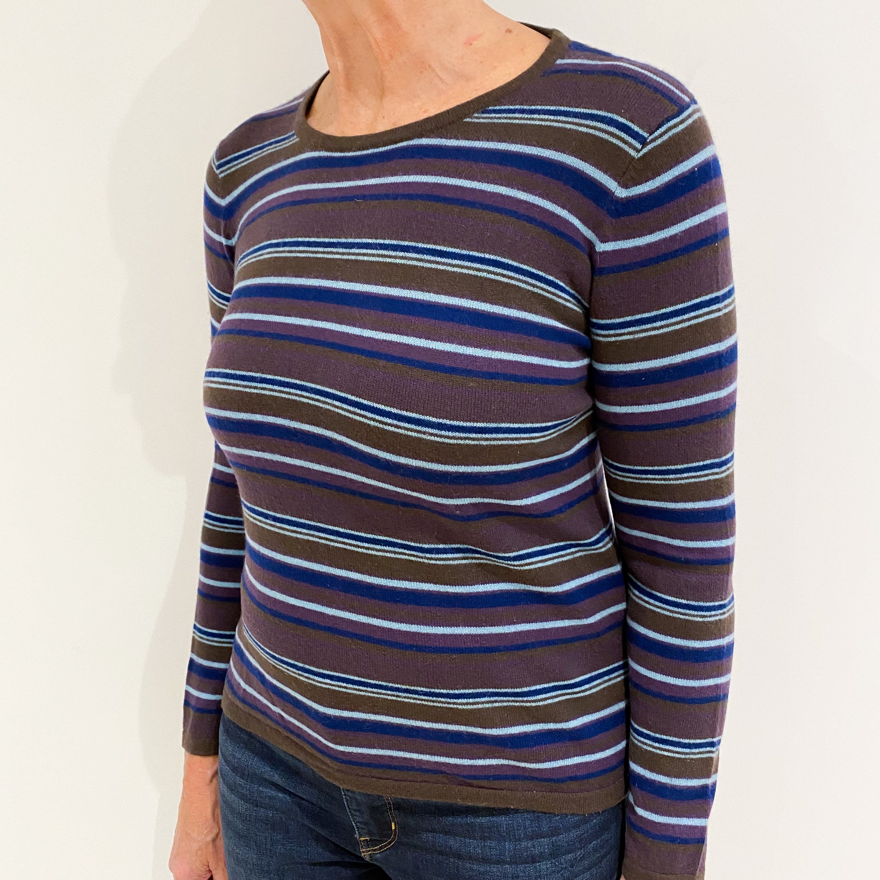 Brown and Blue Stripe Cashmere Crew Neck Jumper Medium
