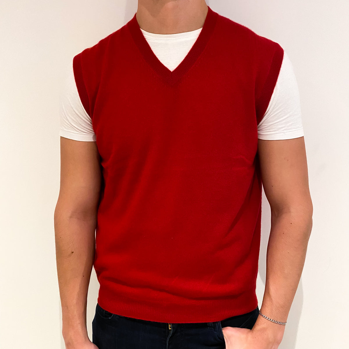 Men's Post Box Red Cashmere V-Neck Tank Top Extra Large