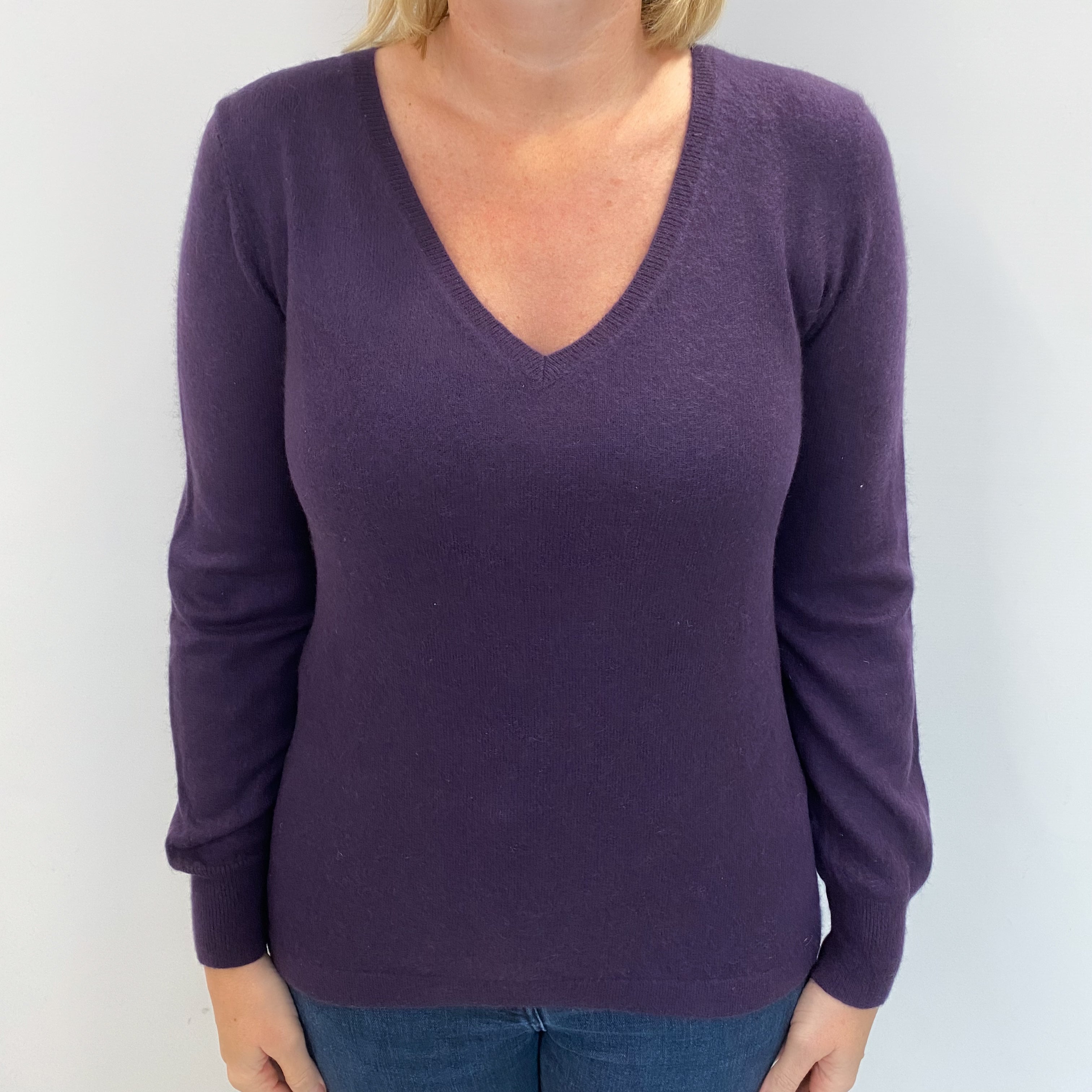 Blueberry Purple Cashmere V Neck Jumper Large