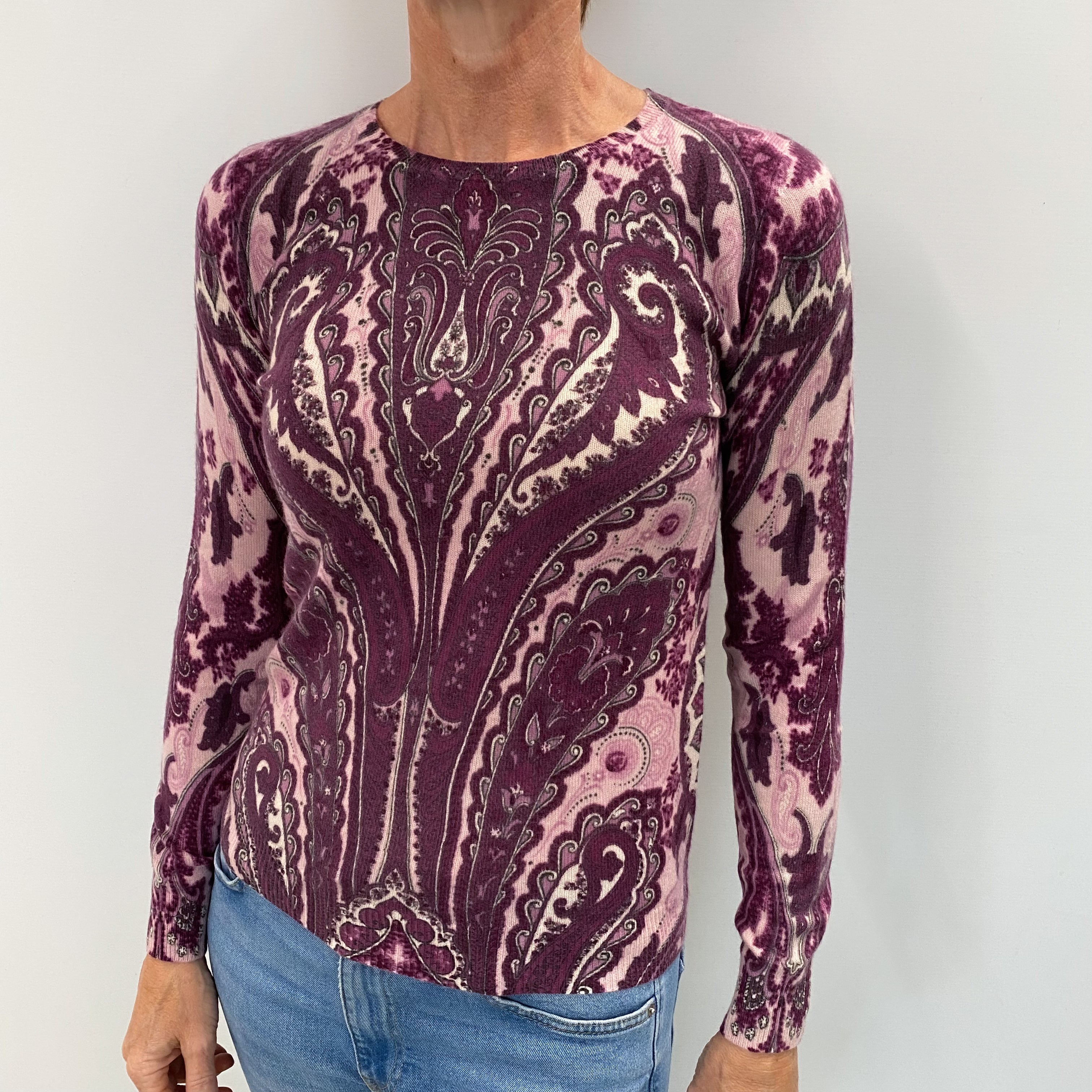 Deep Purple Paisley Cashmere Crew Neck Jumper Small