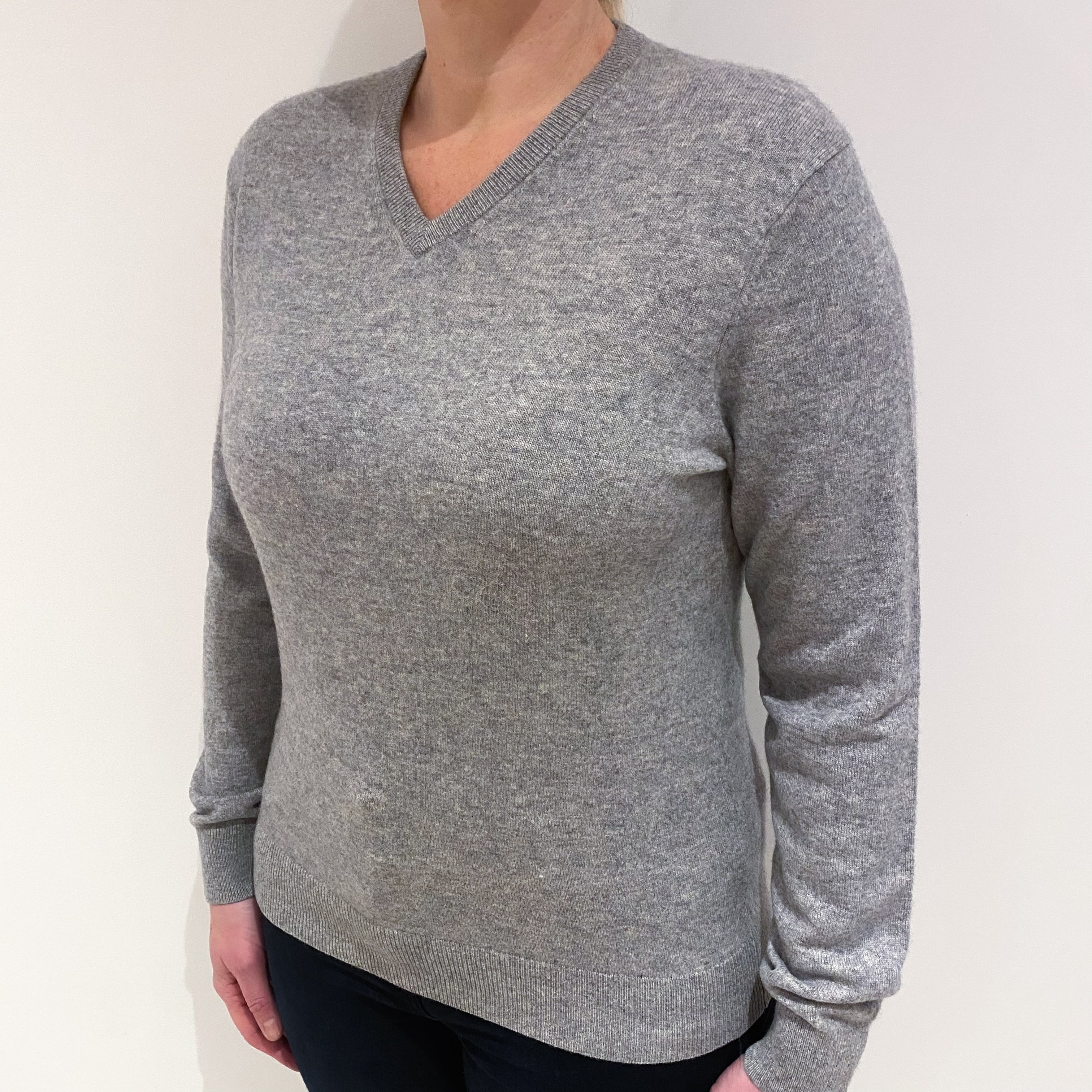 Smoke Grey Cashmere V Neck Jumper Large