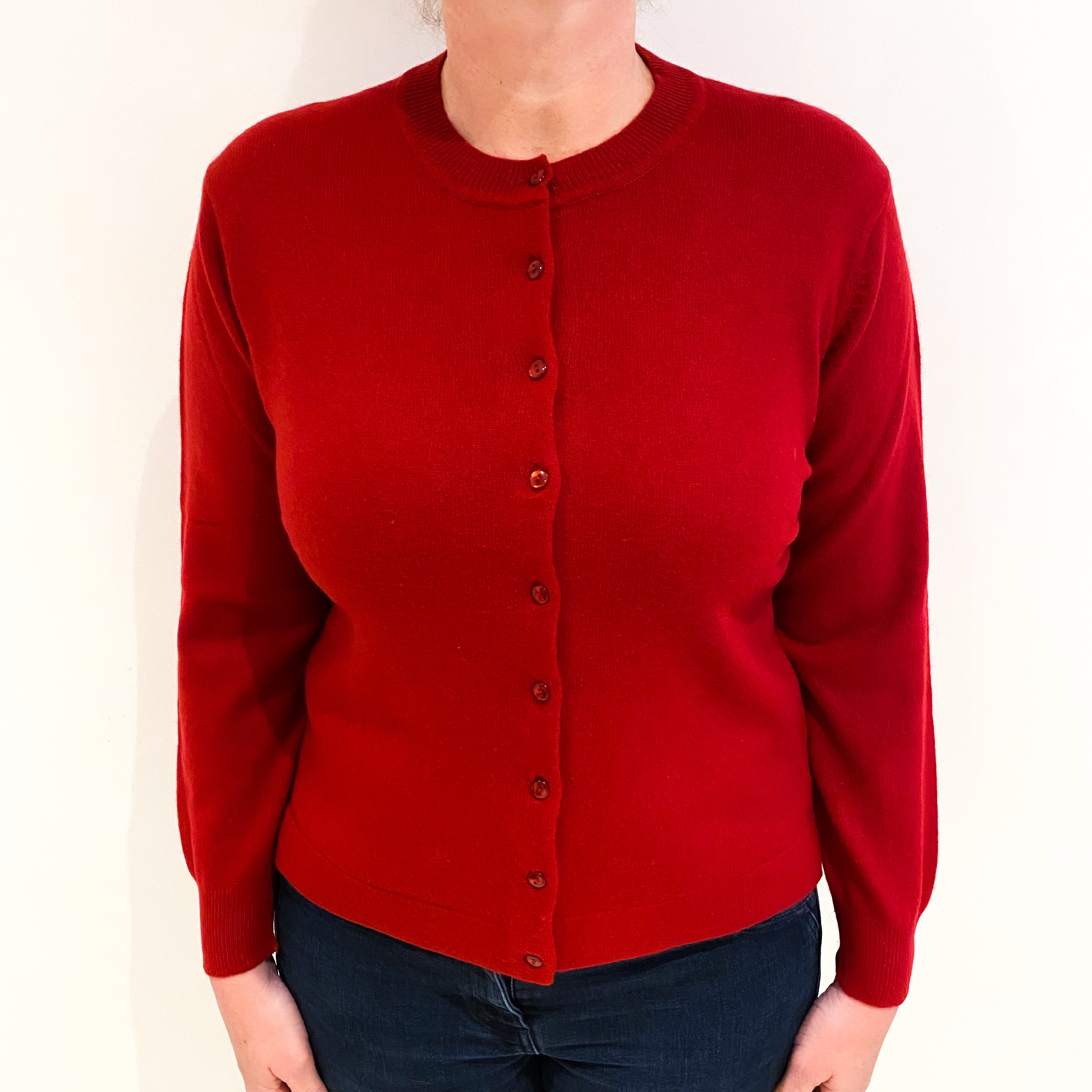 Post Box Red Cashmere Crew Neck Cardigan Large