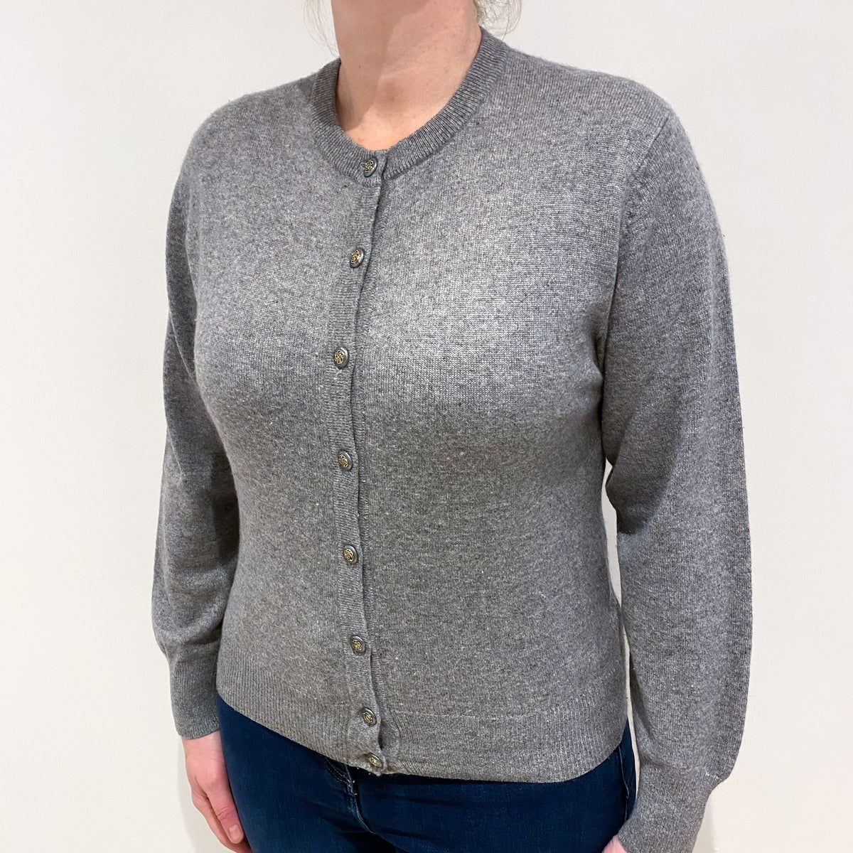 Steel Grey Cashmere Crew Neck Cardigan Large