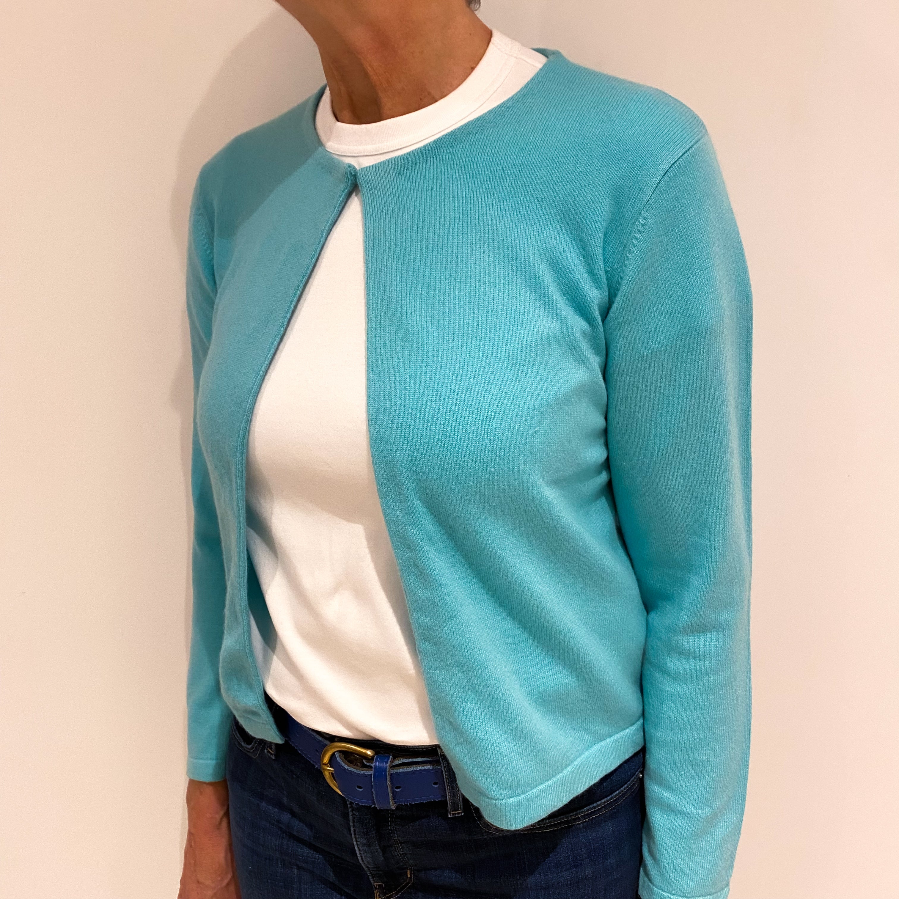 Pale Aqua Blue Cashmere Edge to Edge Cardigan Medium