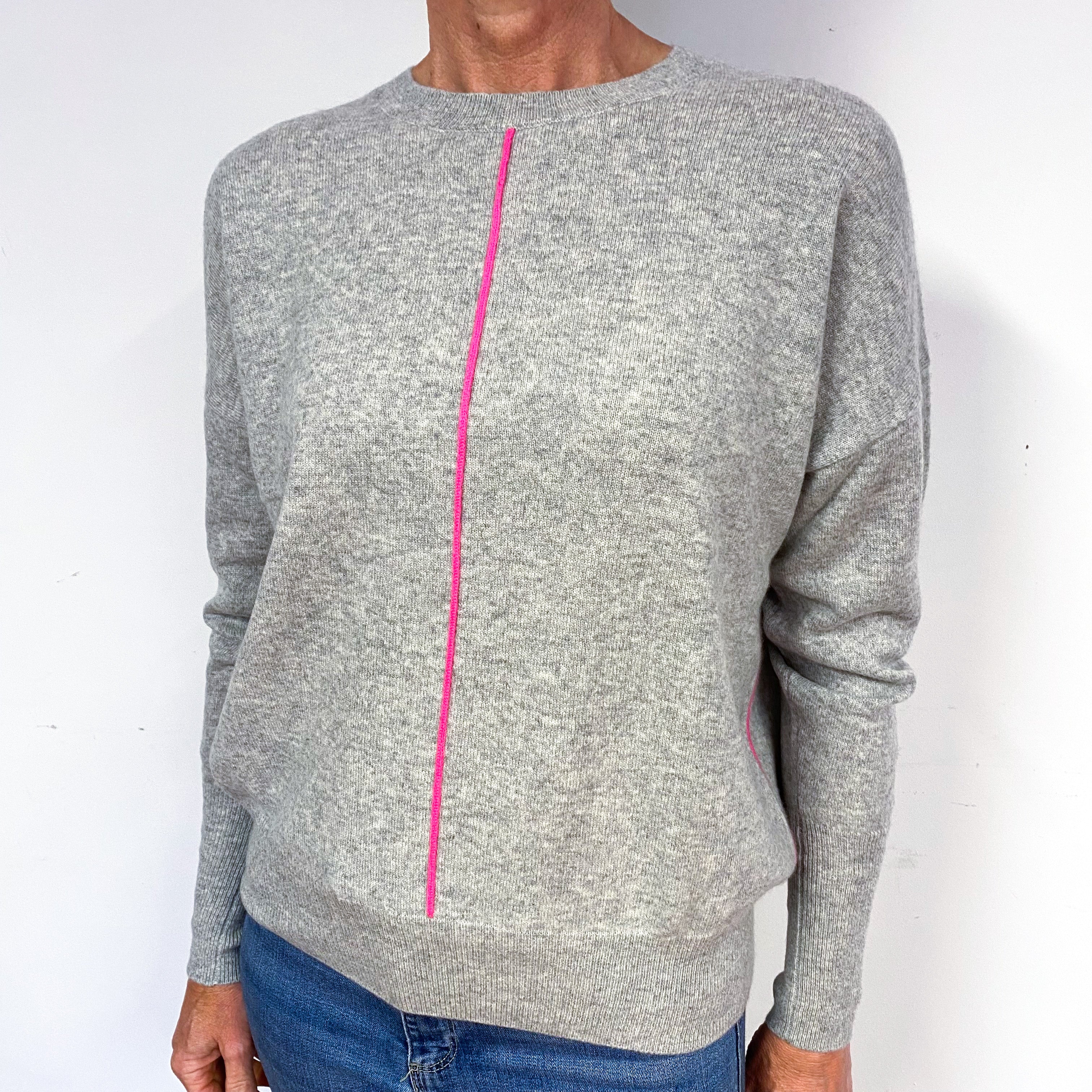 Grey Neon Pink Stripe Cashmere Crew Neck Jumper Medium