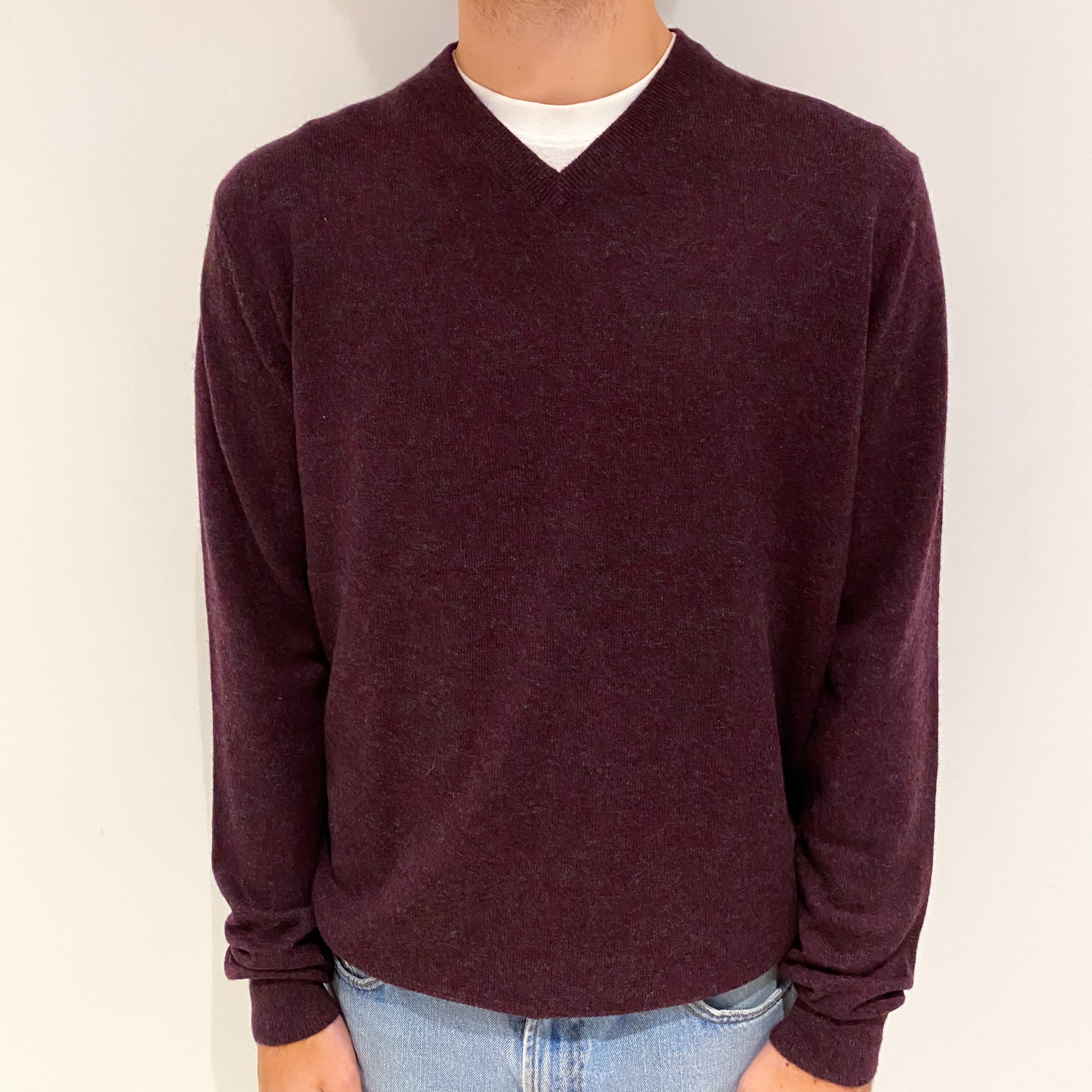 Men's Aubergine Grey Marl Cashmere V-Neck Jumper Large