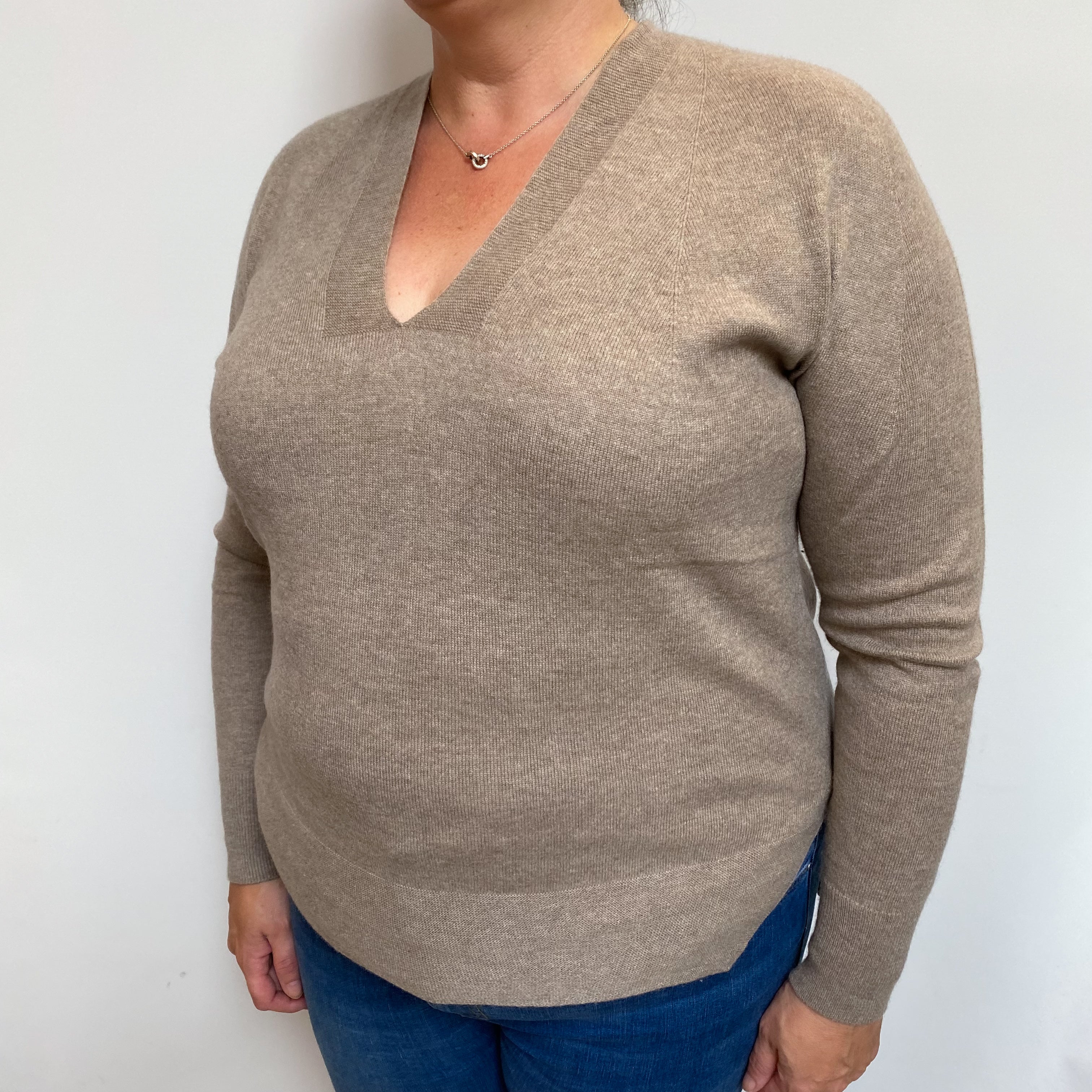 Mink Brown Cashmere V Neck Jumper Extra Large