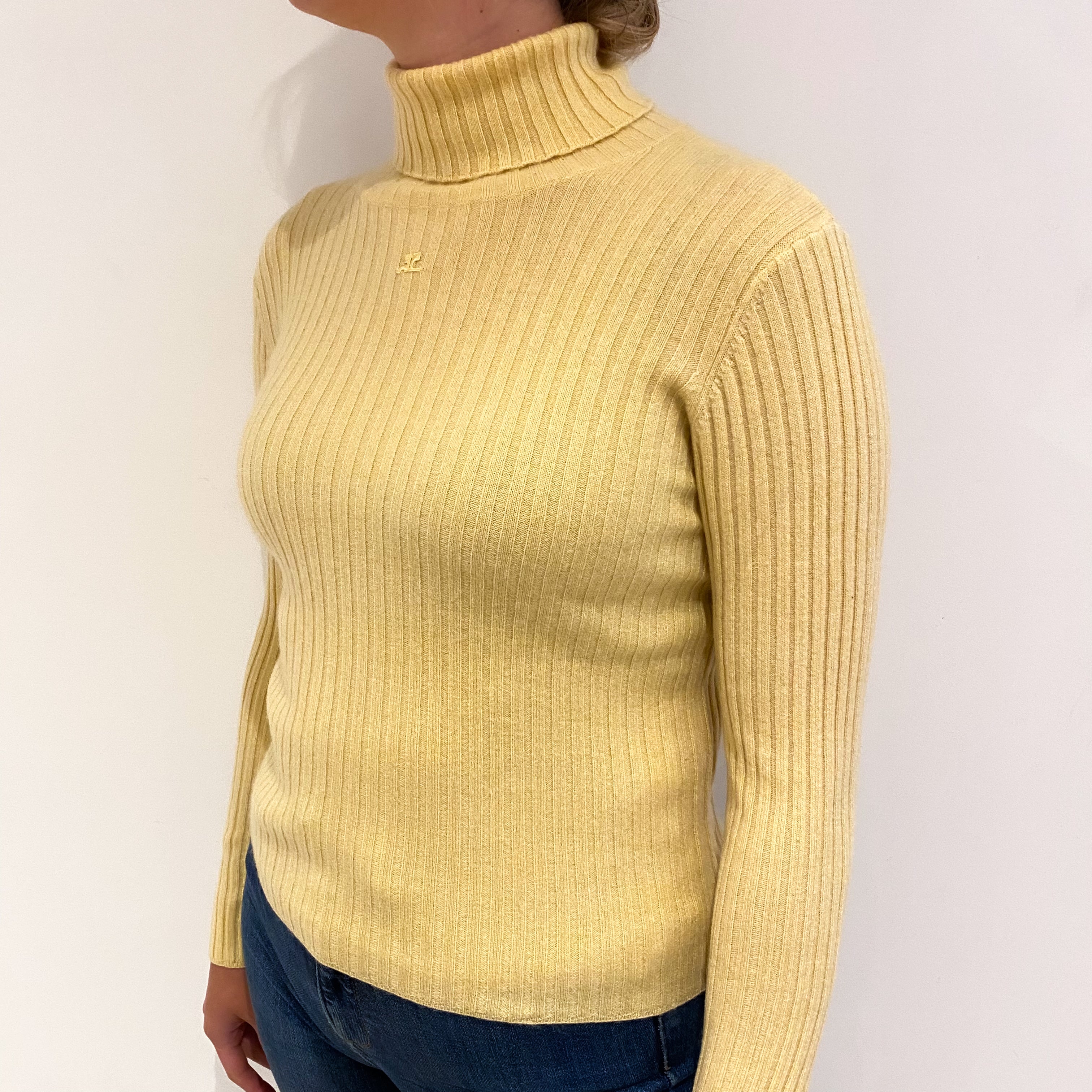 Custard Yellow Rib Cashmere Polo Neck Jumper Small