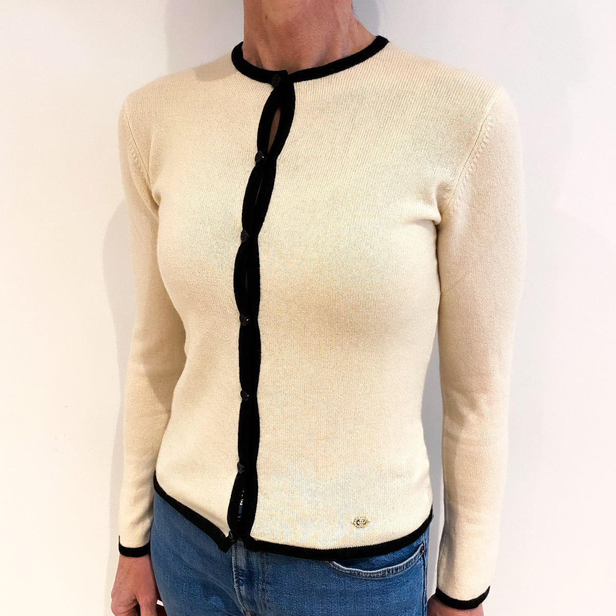Ivory Cream With Black Trim Cashmere Crew Neck Cardigan Small