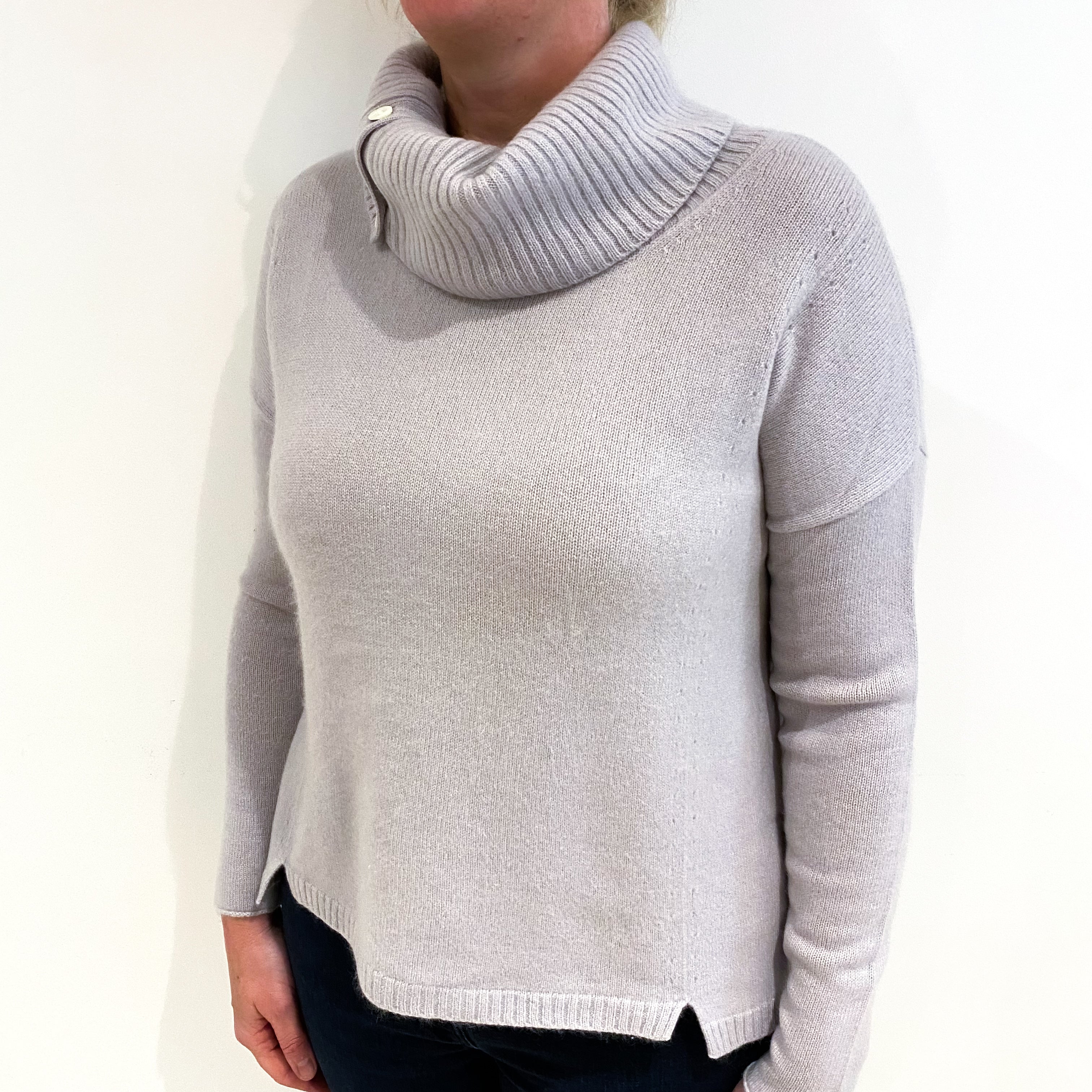Frost Grey Cashmere Buttoned Cowl Neck Jumper Large